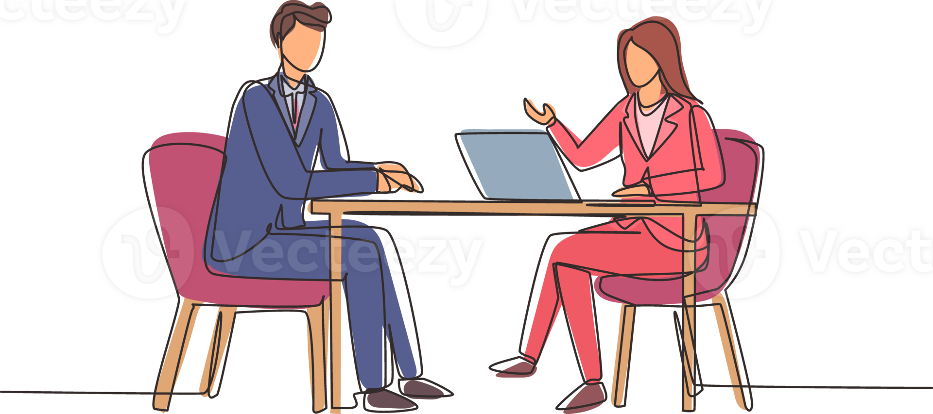 Single continuous line drawing woman journalist interviewing guy at desk. Microphone, discussion, speech. Social media, communication concept. Dynamic one line draw graphic design illustration png