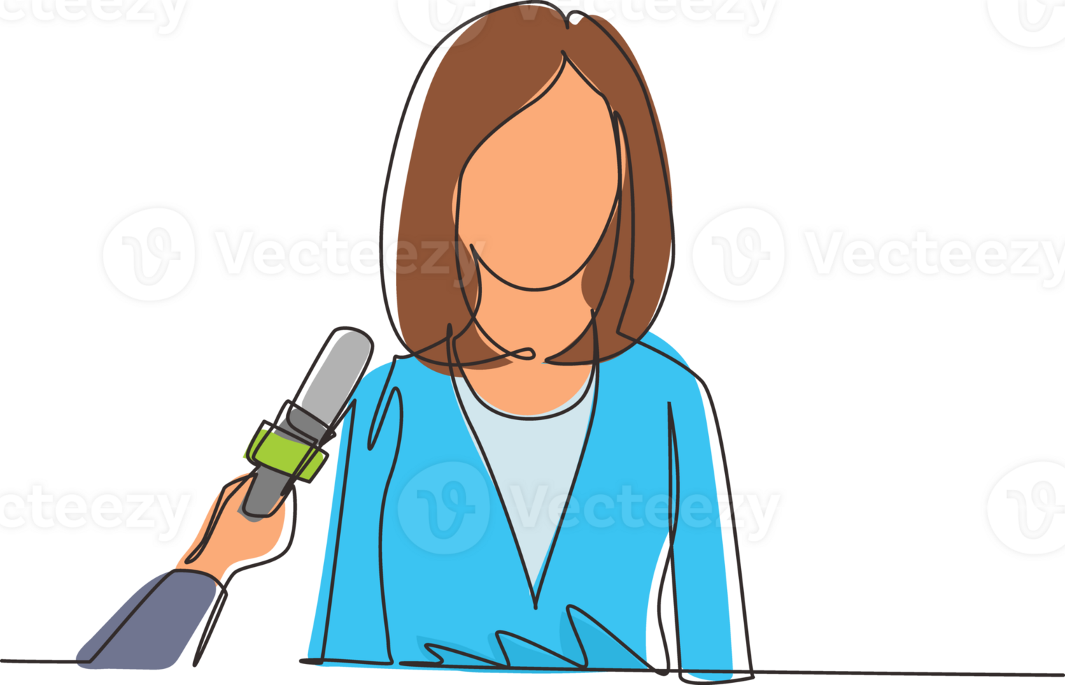 Continuous one line drawing interview with young girl. Digital journalism. News conference world live tv hands of journalists microphones interview concept. Single line draw design illustration png