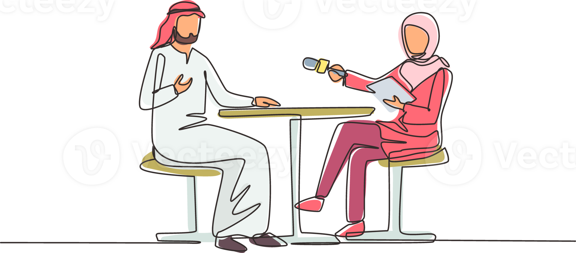 Continuous one line drawing TV presenter Arabian woman interviewing celebrity men in television studio shooting interview. Show host, Muslim guest talking. Single line draw design illustration png