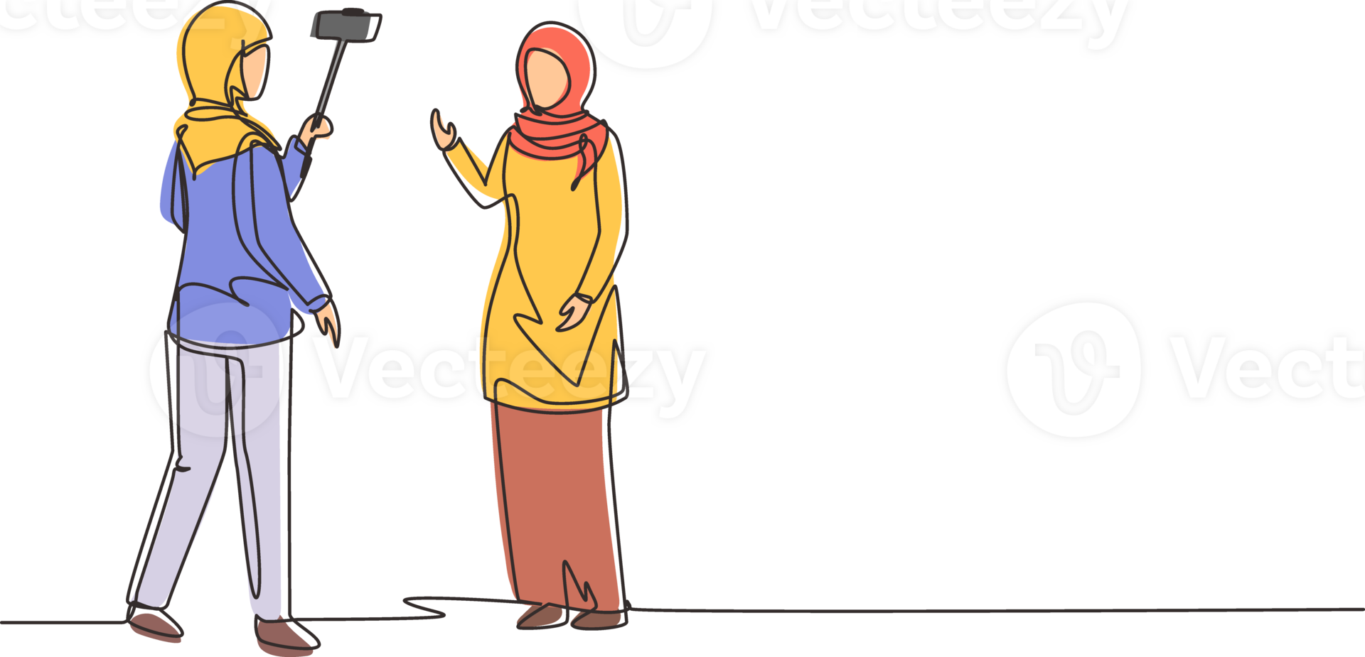 Continuous one line drawing professional shooting team record video interview for vlog with smartphone, monopod stick. Arab woman journalist as news anchor. Single line draw design illustration png