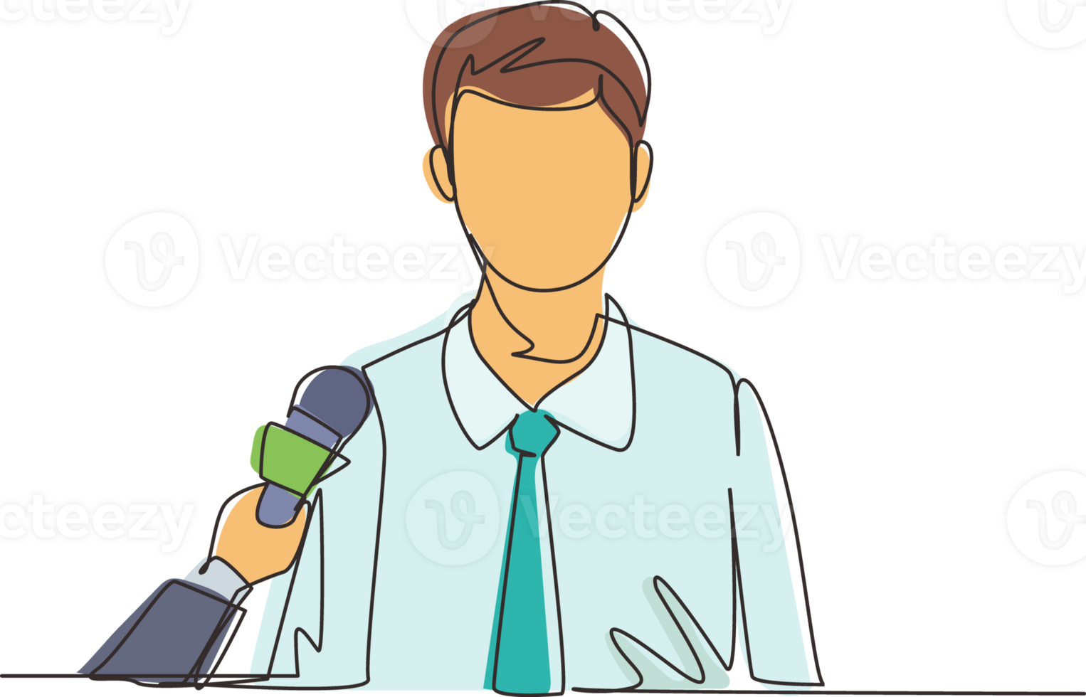 Single continuous line drawing businessman giving an interview in the presence of journalists with microphones. Man gives comments and opinions for breaking news. Dynamic one line draw design png