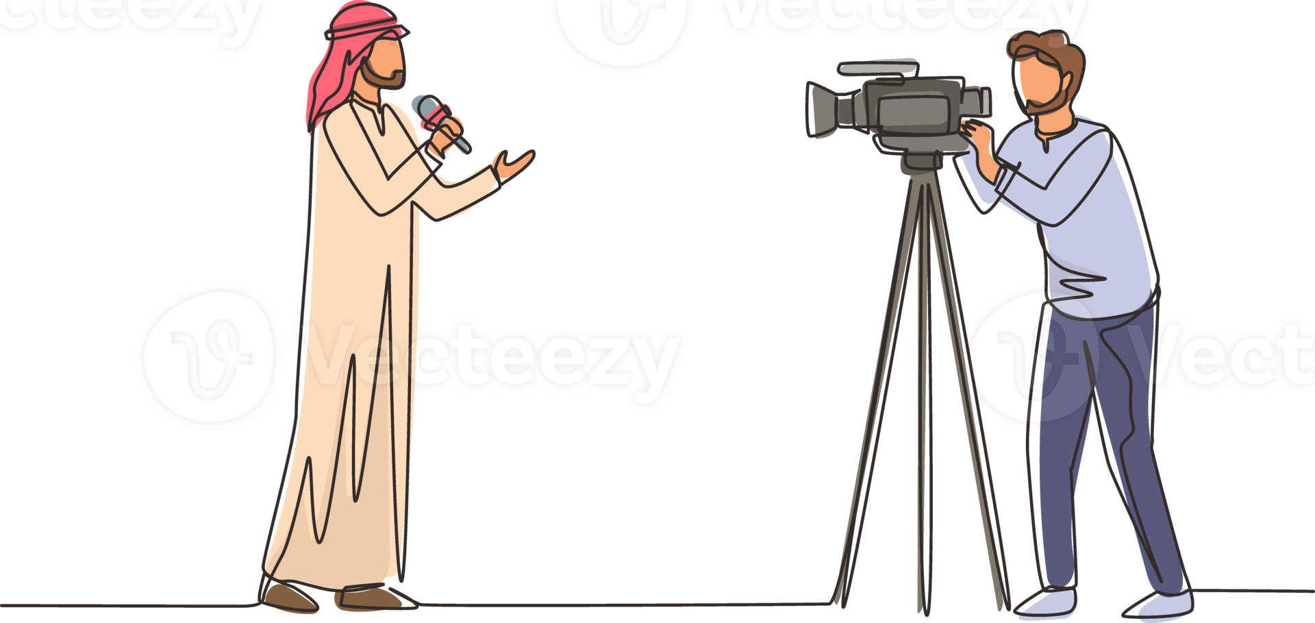 Single one line drawing Arabian reporter, operator. News reporter performing. Journalists on air. Video cameraman filming news reporter with microphone. Continuous line draw design illustration png