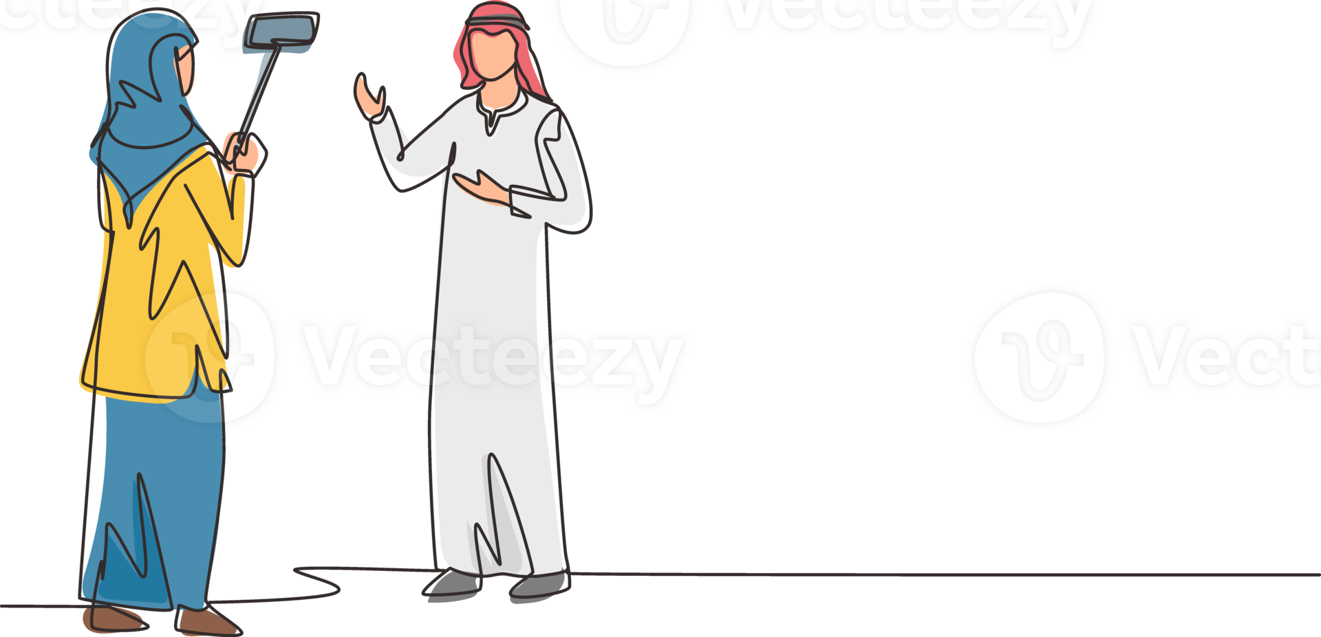 Single one line drawing blogging, vlogging, live video streaming, Arabian influencer opinion. Blogger, vlogger shooting video, create engaging content. Continuous line draw design illustration png