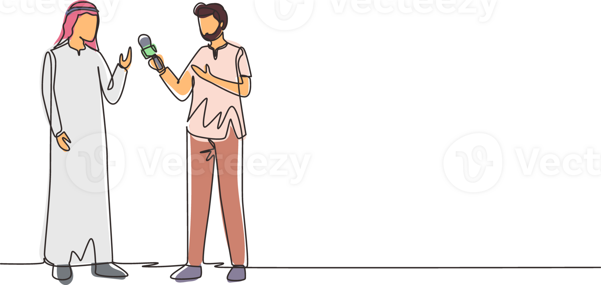 Single continuous line drawing Arab man journalist with microphone making interview with businessman. Professional journalist in conversation, asking opinion. One line draw design illustration png