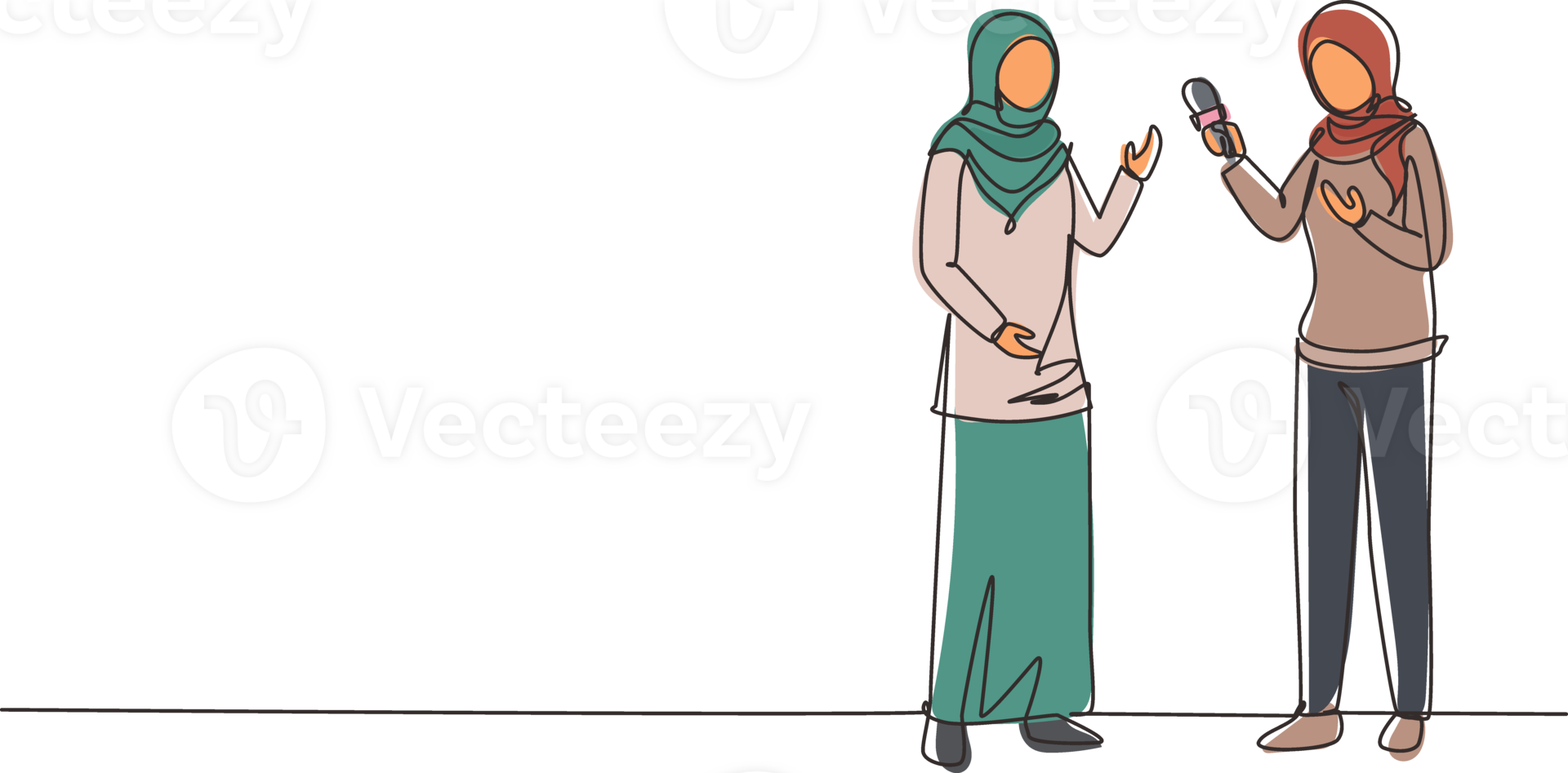 Single one line drawing Arabic business woman giving an interview in presence of journalist with dictaphone. Female tv reporter interviewing questions. Continuous line draw design illustration png