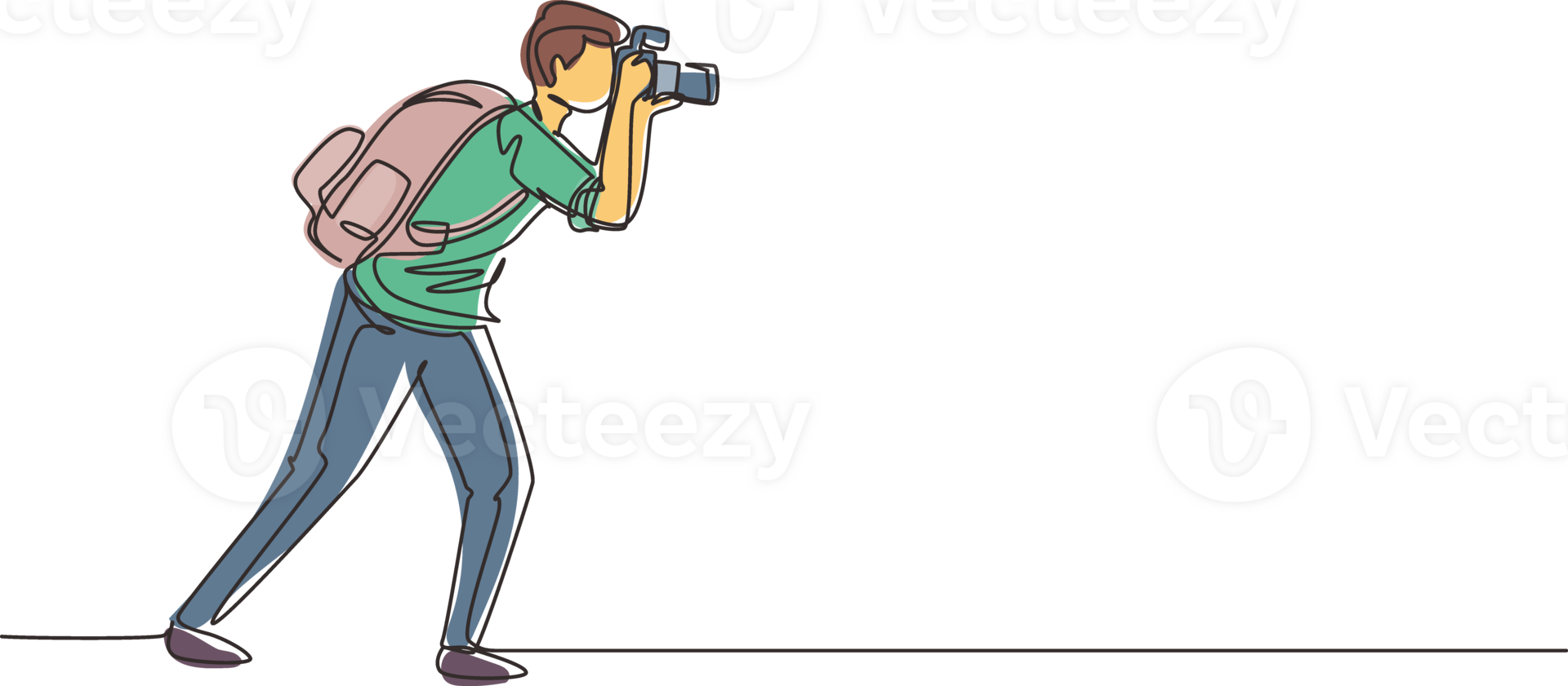 Single one line drawing journalist or reporter with backpack making pictures. Photographers of paparazzi taking photo with digital cameras dslr. Continuous line draw design graphic illustration png