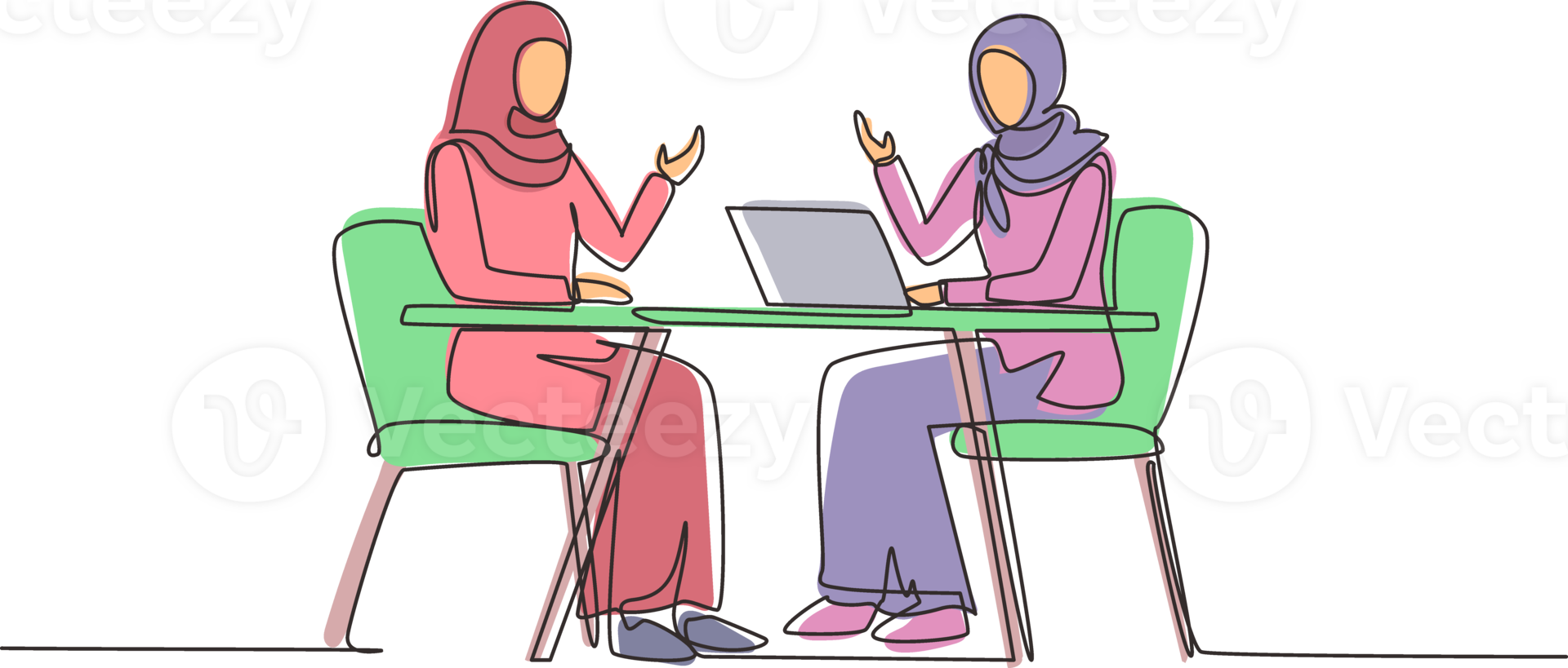 Continuous one line drawing Muslim TV show with guest. Arabian girl celebrity giving interview to television presenter, journalist asking famous women host. Single line draw design illustration png