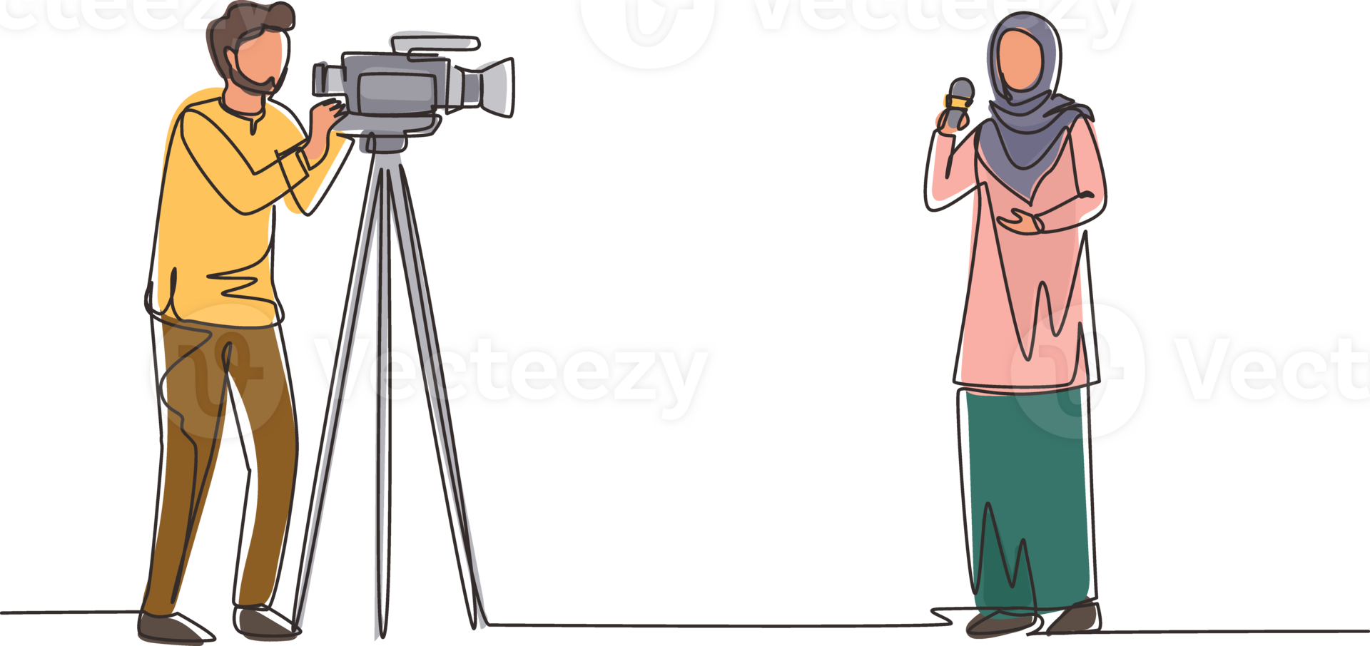 Single continuous line drawing Arab woman reporter. Journalists to report. Two Arabic journalists. Team of woman reporter journalist man operator broadcasting. One line draw design illustration png