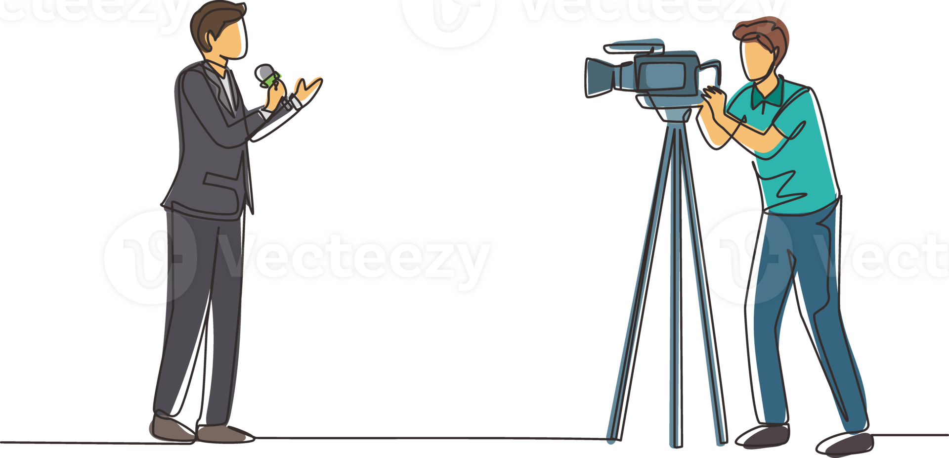 Single one line drawing correspondent or reporter and operator. News reporter performing. Journalists on air. Video cameraman filming news reporter with microphone. Continuous line draw design png