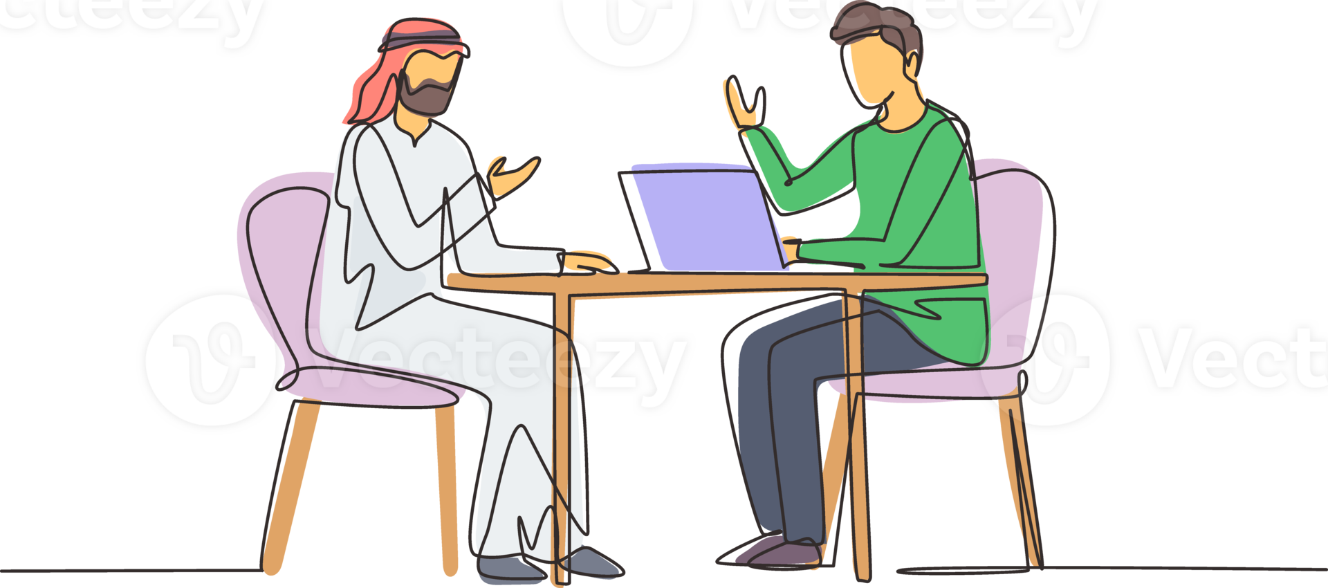 Continuous one line drawing Arab male interviewing famous person in studio for tv show. Concept of television or internet broadcast with journalist talking to celebrity. Single line draw design png