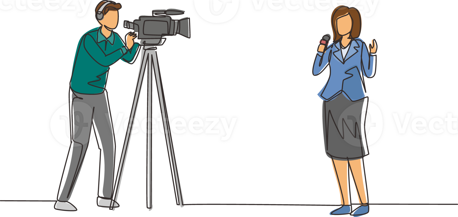 Single continuous line drawing journalist. Woman reporter. Journalists to report. Two journalists. Team of woman reporter journalist man operator broadcasting. One line draw design illustration png