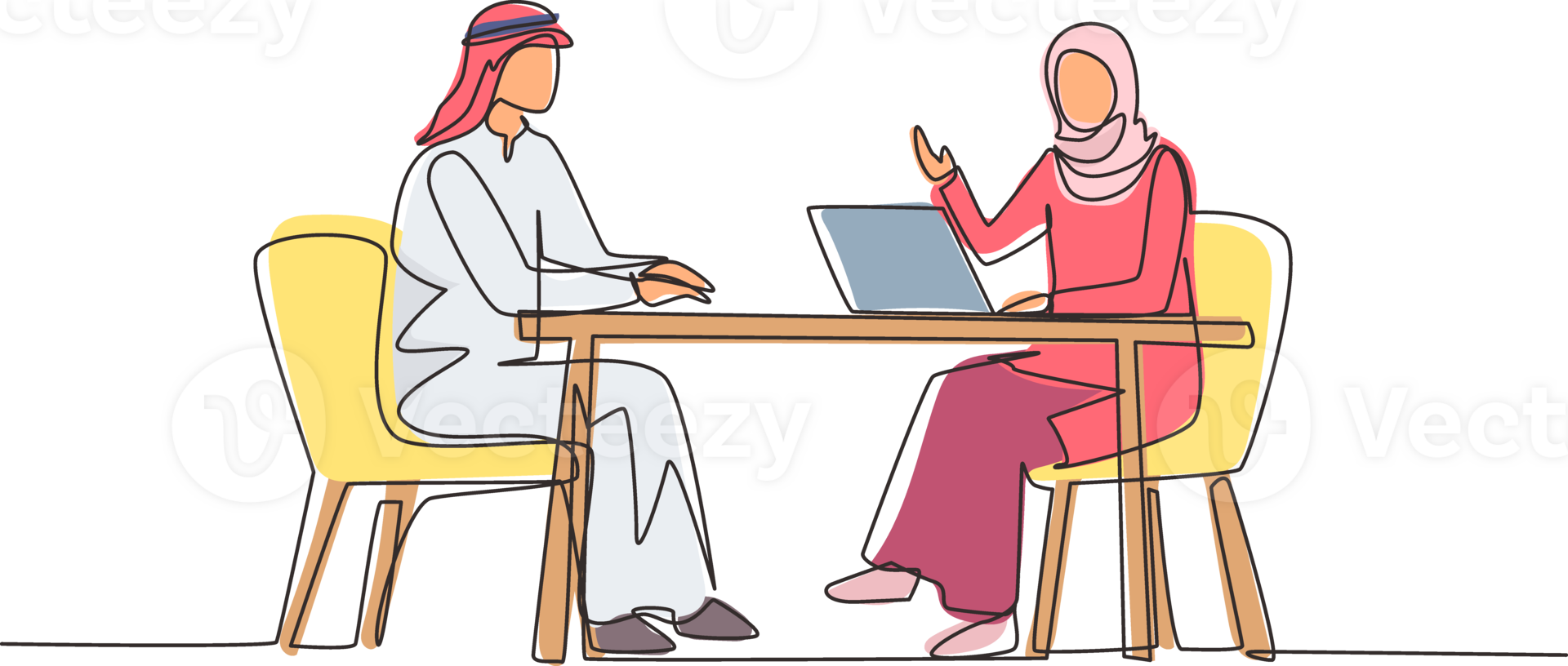 Single one line drawing Arabian woman journalist interviewing guy at desk. Microphone, discussion, speech. Social media, communication concept. Continuous line draw design graphic illustration png
