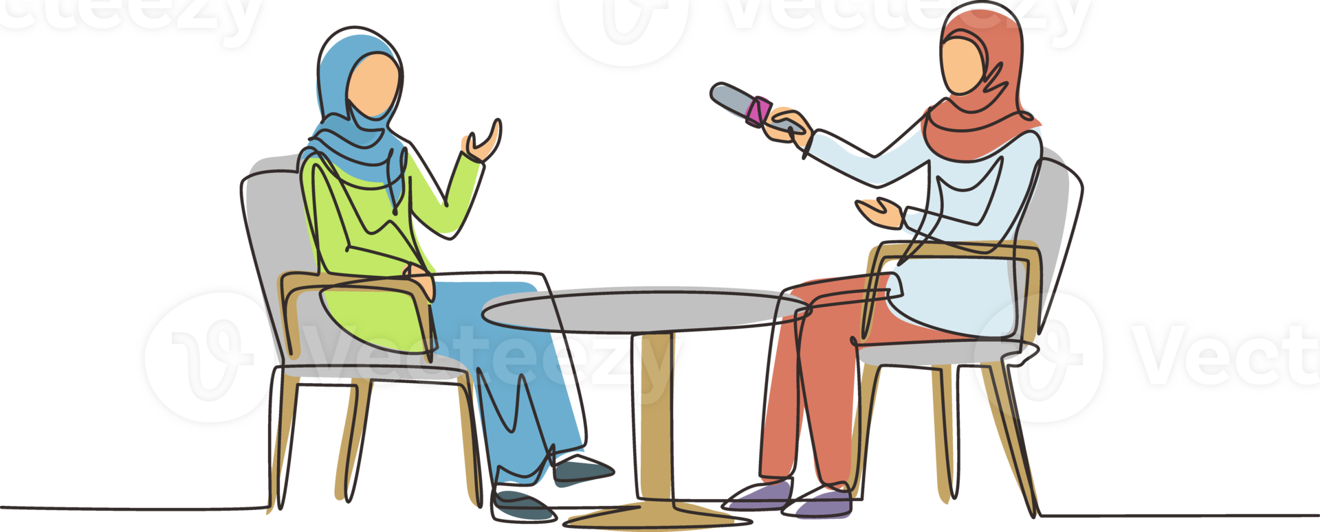 Single one line drawing talk show studio with interviewing, discussing hosts. People recording tv program, Arab woman journalist questioning guest star. Continuous line draw design illustration png