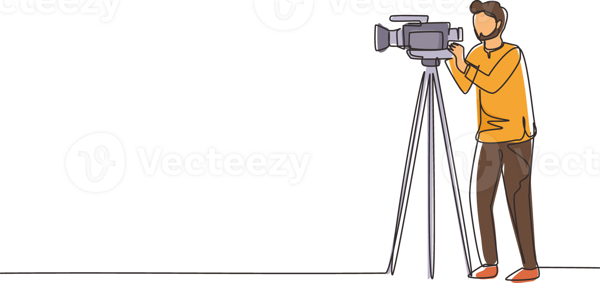 Single continuous line drawing Arabian cameraman, operator, videographer standing with camera. Shooting of movie production, broadcasting news or tv show live. One line draw design illustration png