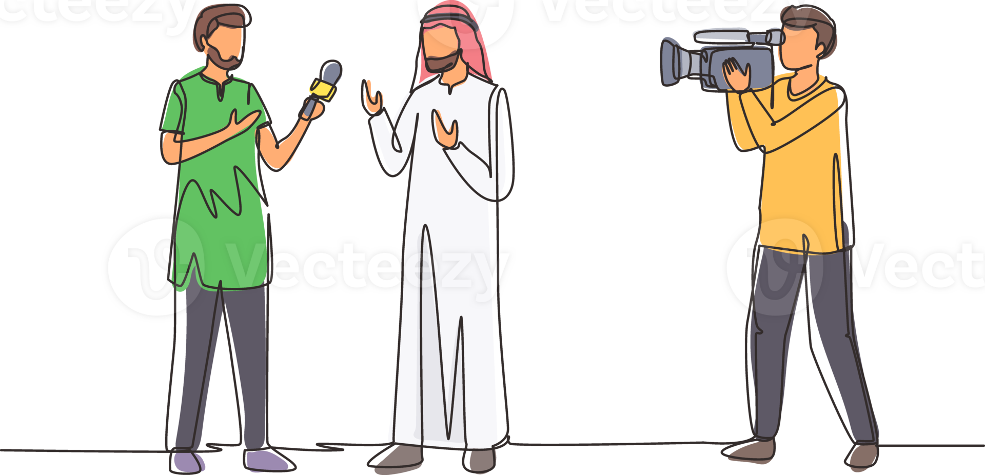 Single continuous line drawing Arab journalists take interview. TV host or reporter, cameraman questioning Arabian man. Broadcasting reportage with cameraman. One line draw design illustration png