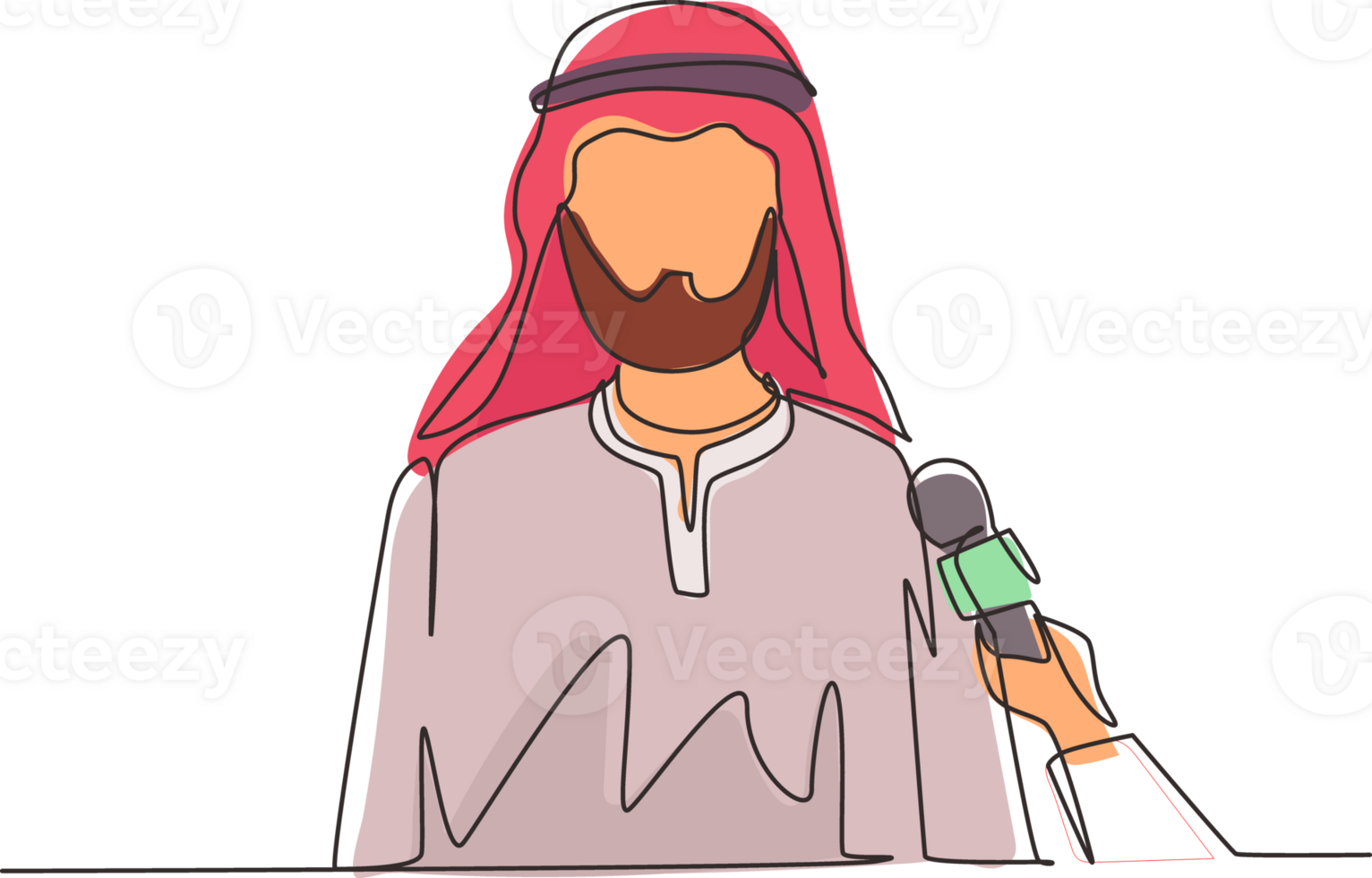 Single continuous line drawing Arab businessman giving interview in presence of journalists with microphones. Man gives comments, opinions for breaking news. One line draw design illustration png