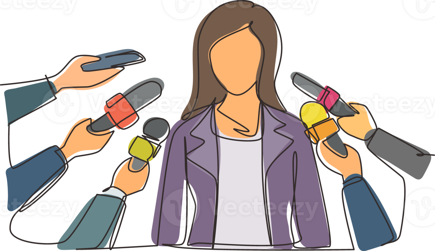 Single continuous line drawing woman giving an interview. Hands of journalists holds microphones. Concept of news, elections, interviews, comments, politics. One line draw design illustration png