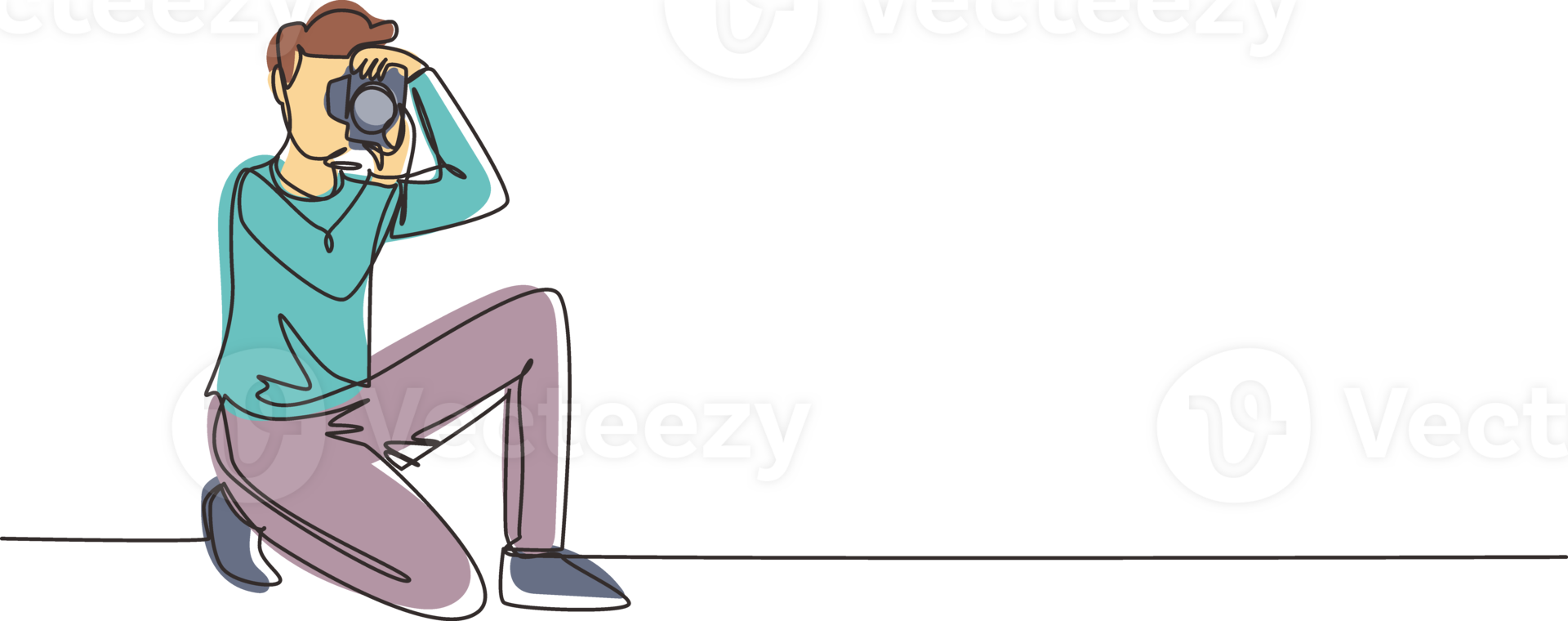 Continuous one line drawing happy photographer is taking photo using dslr camera. Male character standing full length and shooting. Studio photography. Single line draw design illustration png