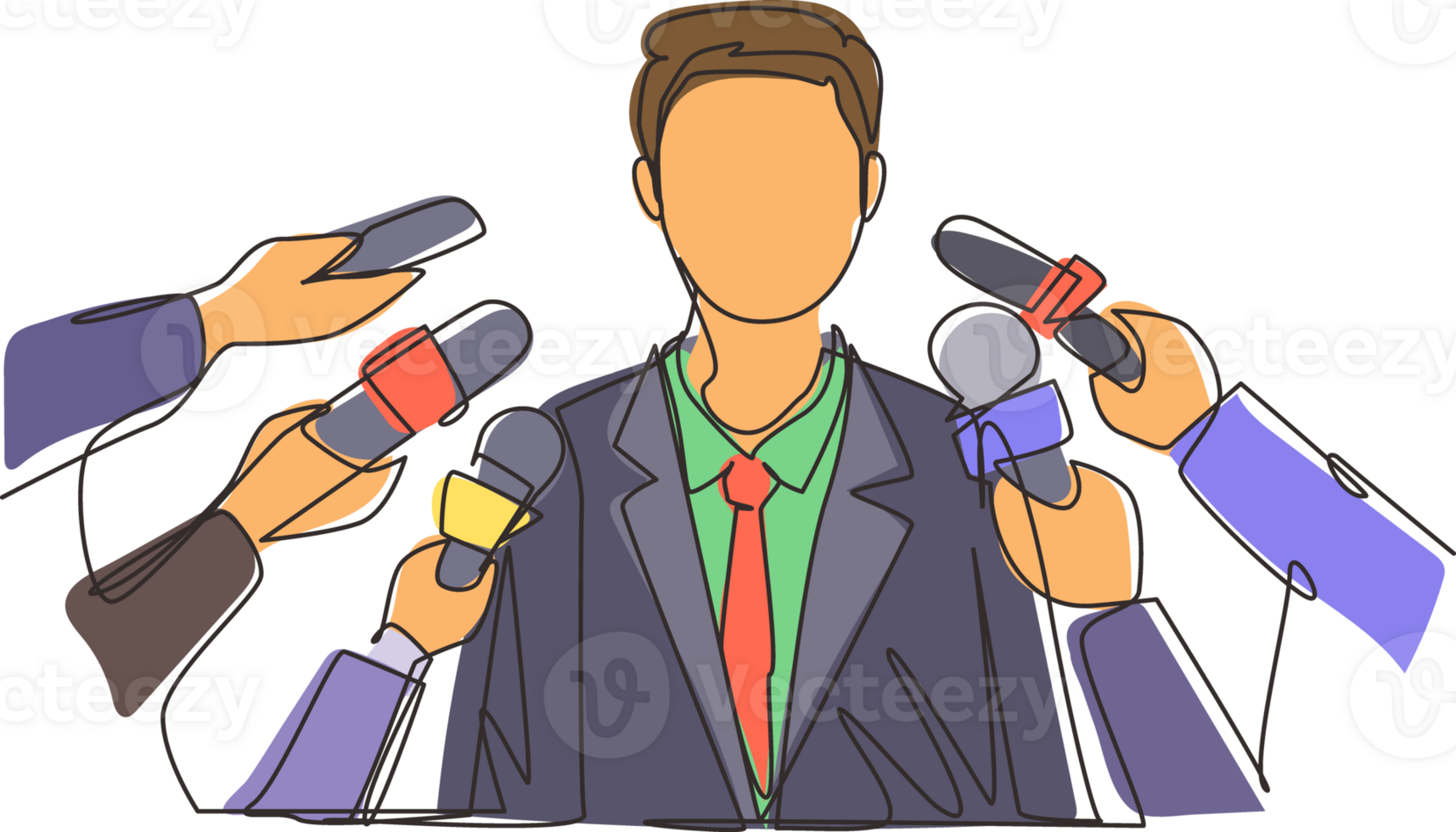 Single one line drawing interview. Man with microphones. Popular person, presenter, celebrity, political gives comment for breaking news, reportage, tv. Continuous line draw design illustration png