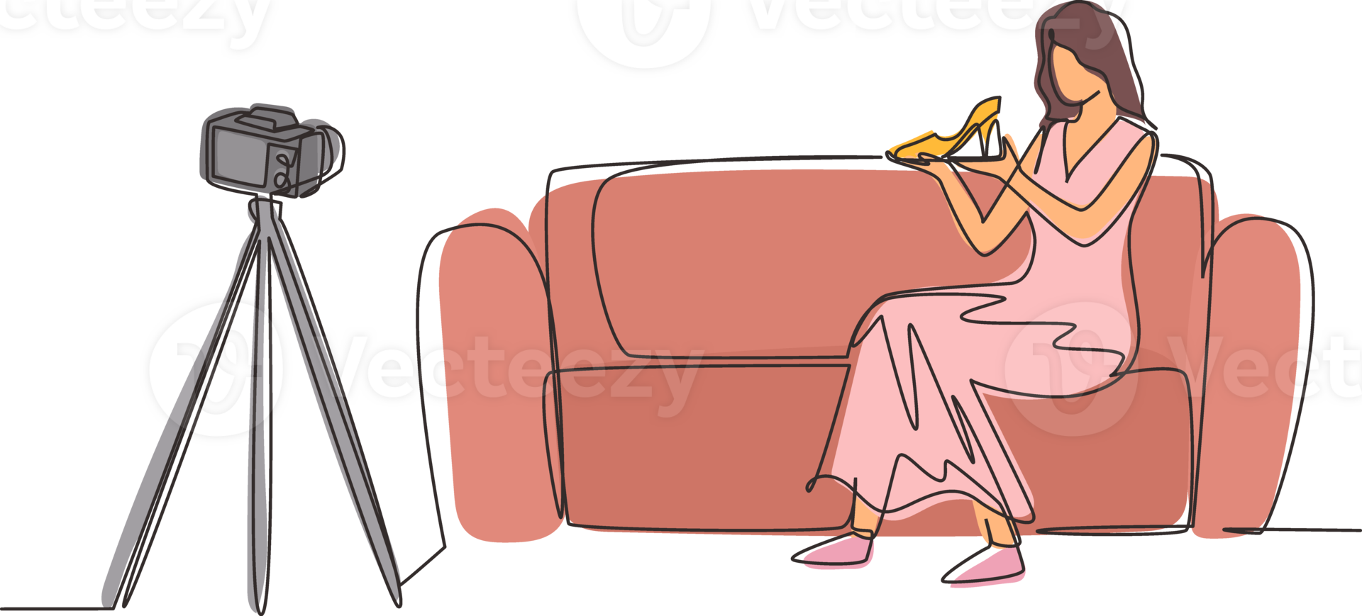 Single continuous line drawing stylish beauty blogger is sitting at sofa, reviewing heels shoe in her hands while recording video with digital camera, tripod. One line draw design illustration png