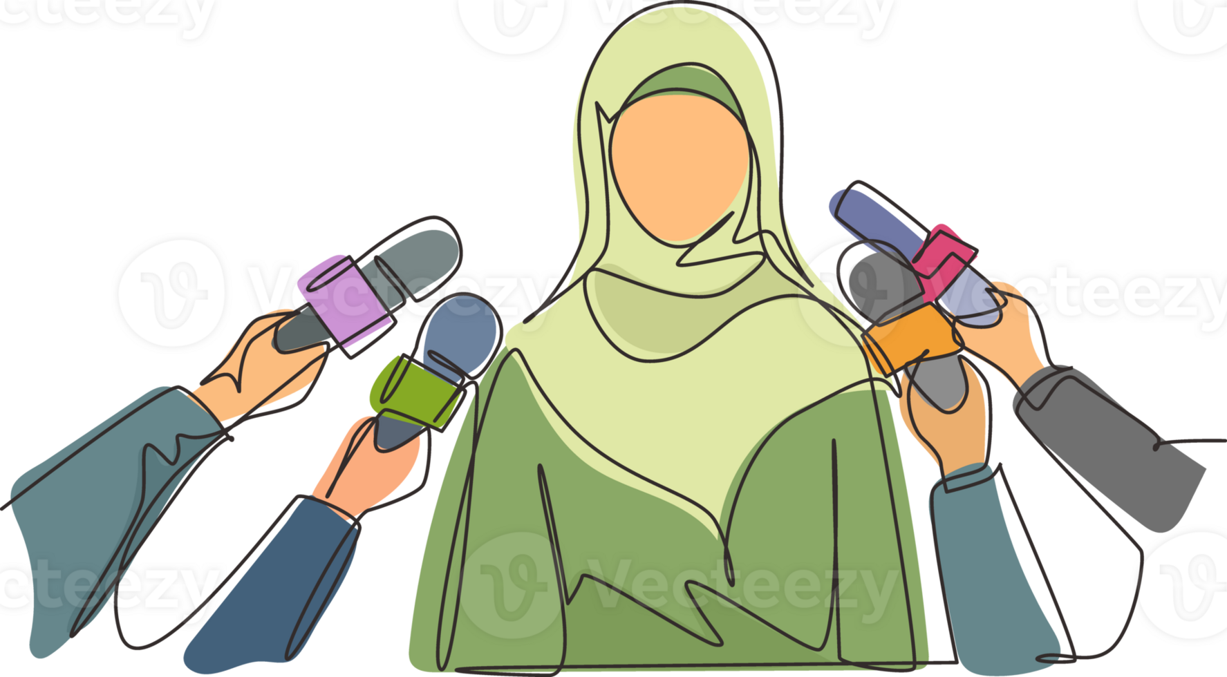 Continuous one line drawing Arab woman giving interview. Hands of journalists holds microphones. Concept of news, elections, interviews, comments, politics. Single line draw design illustration png