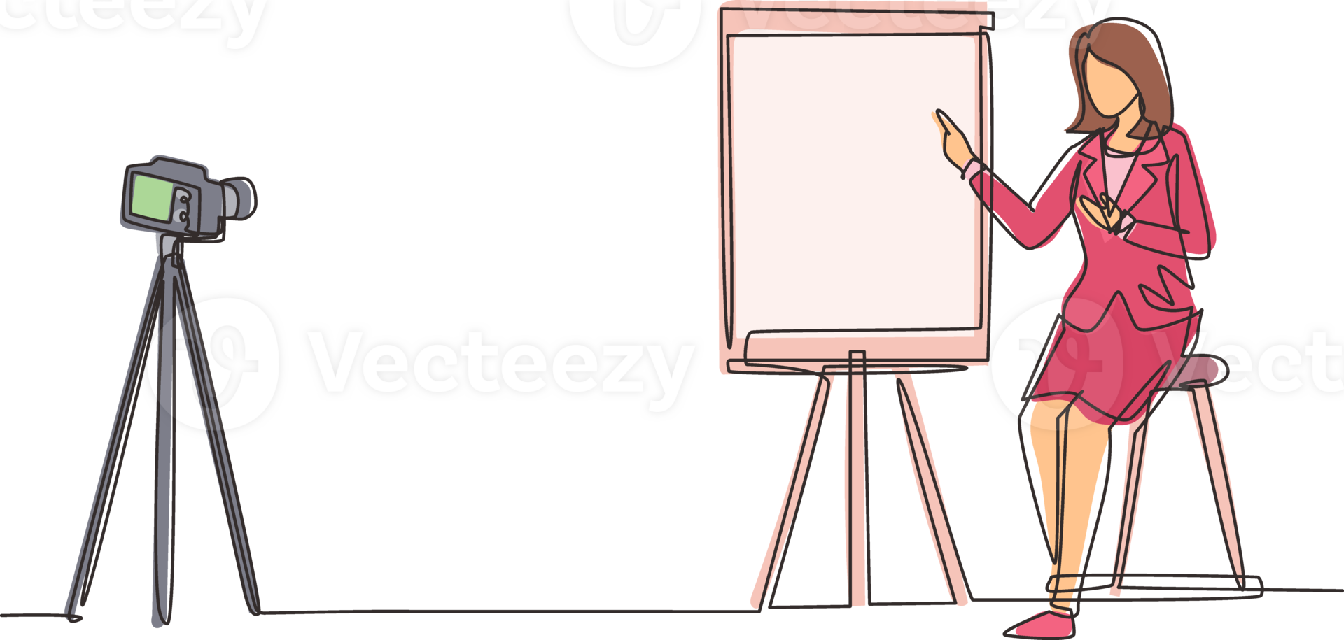 Continuous one line drawing woman giving presentation to camera doing webinar. The concept of blogging, online training and conferences. Camera on tripod. Single line draw design illustration png