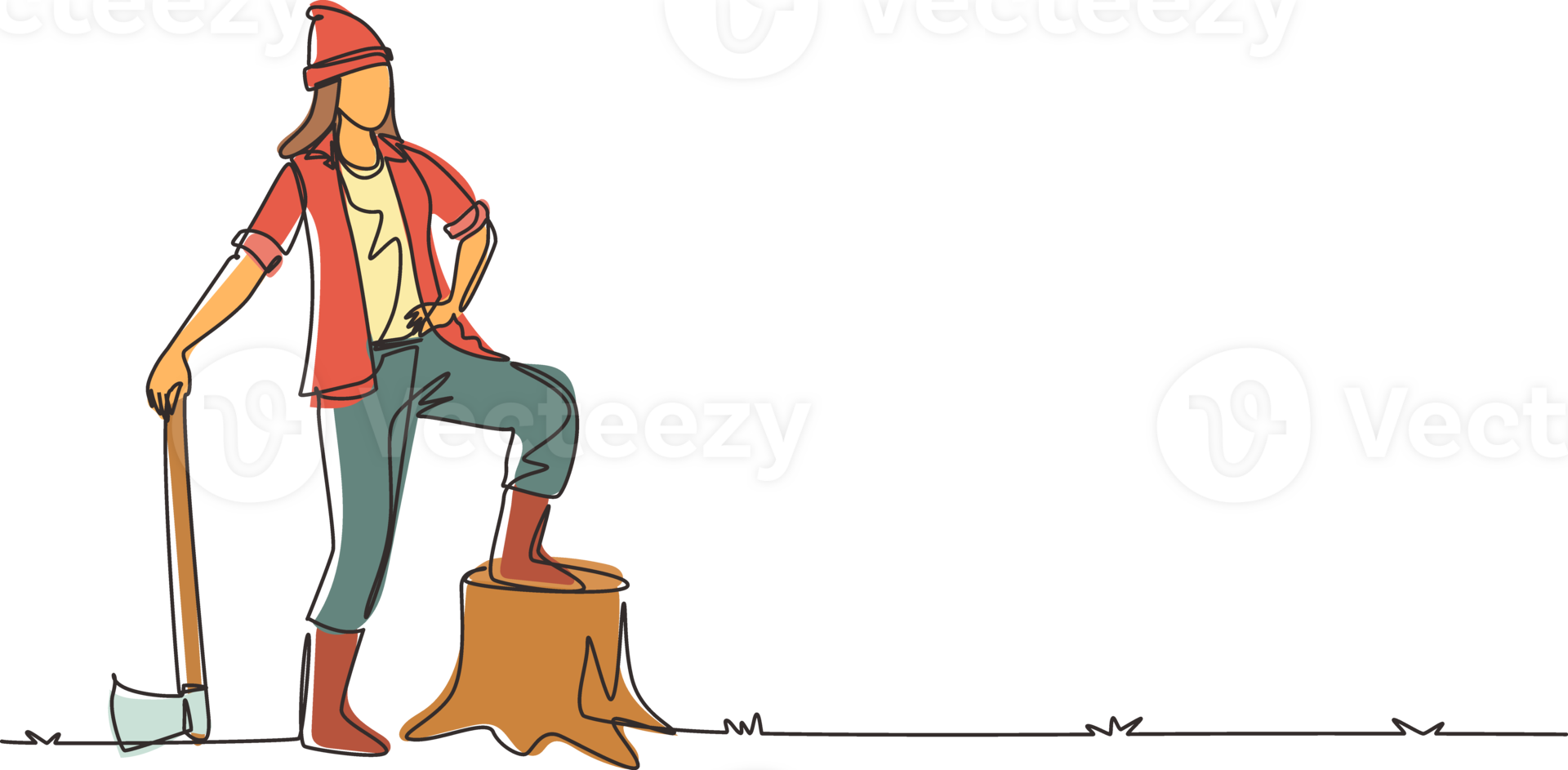 Single one line drawing woman lumberjack wearing plaid shirt, jeans, boots and beanie hat. Standing with ax and posing with one foot on a tree stump. Continuous line draw design illustration png
