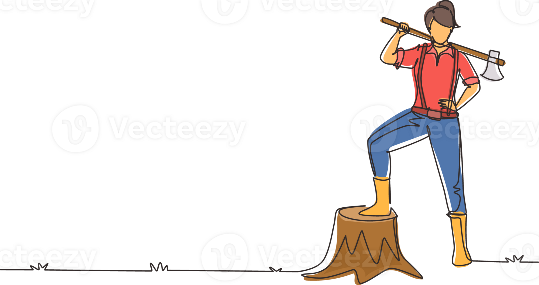 Single one line drawing pretty woman lumberjack wearing shirt, jeans, boots. Holding on her shoulder a ax posing with one foot on a tree stump. Continuous line draw design graphic illustration png
