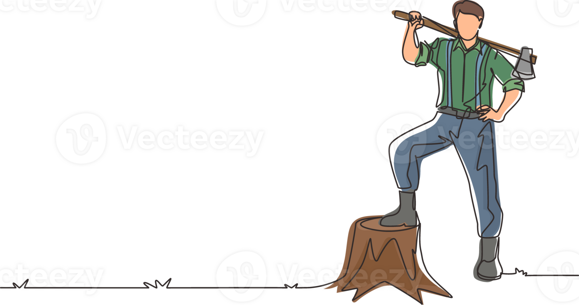 Single one line drawing smiling lumberjack wearing shirt, jeans and boots. Holding on his shoulder a ax posing with one foot on a tree stump. Continuous line draw design graphic illustration png