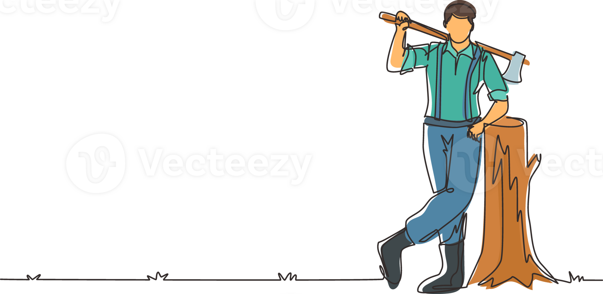 Single one line drawing lumberjack lean on the wood log. Wearing shirt, jeans and boots. Holding on his shoulder an ax. Lumberjack pose on the logging forest. Continuous line draw design graphic png