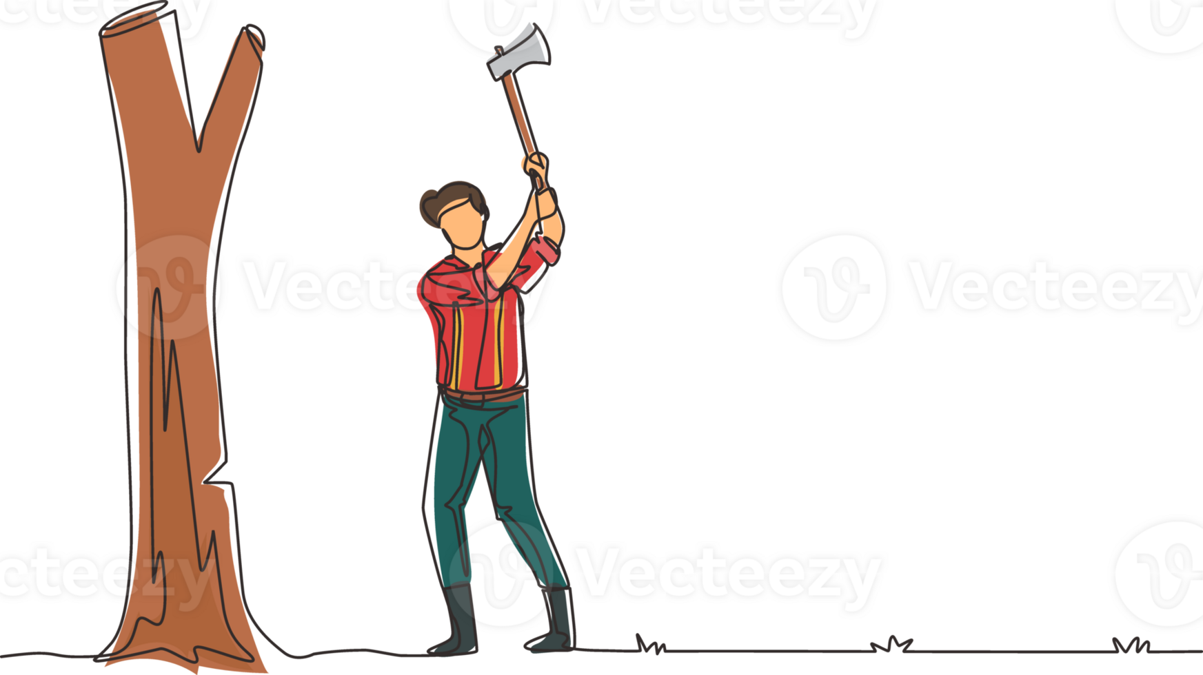 Single continuous line drawing lumberjack with an ax chopping wood. Woodcutter chopping tree with axe. Wearing shirt, jeans and boots. Man with ax in his hands cuts tree. One line draw design png