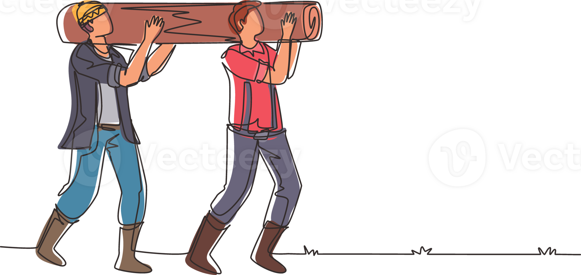 Single continuous line drawing couple of lumberjack laborers carrying heavy wooden log on shoulders in forest. Woodcutters working in wood logging industry. One line draw design illustration png