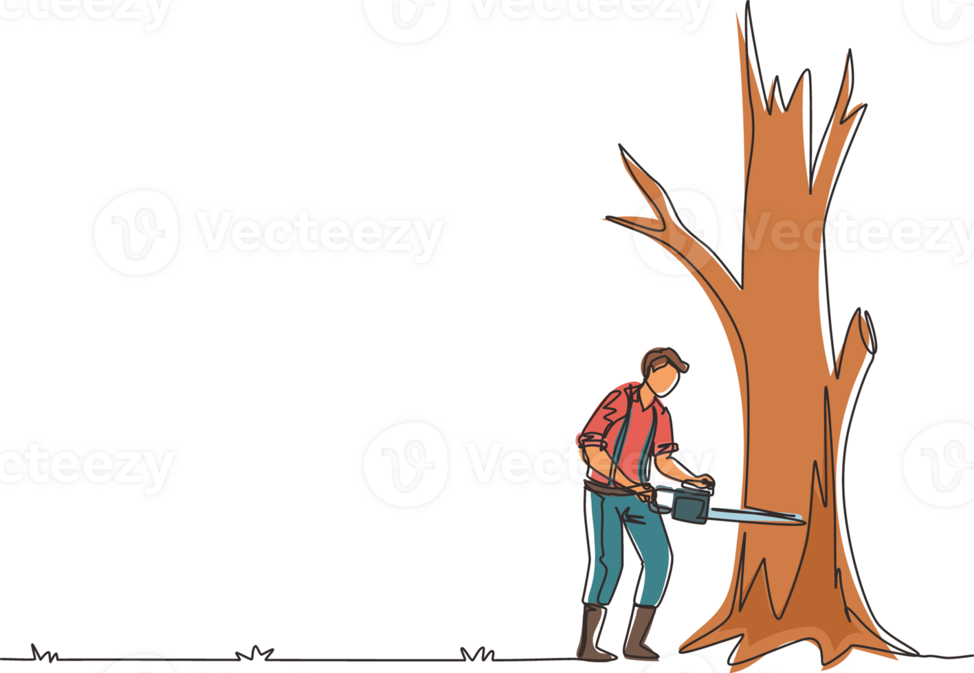 Continuous one line drawing logger sawing log and tree in forest. Wood industry worker with saw in hands. Lumberjack cut timberwood, woodcutter occupation. Single line draw design illustration png