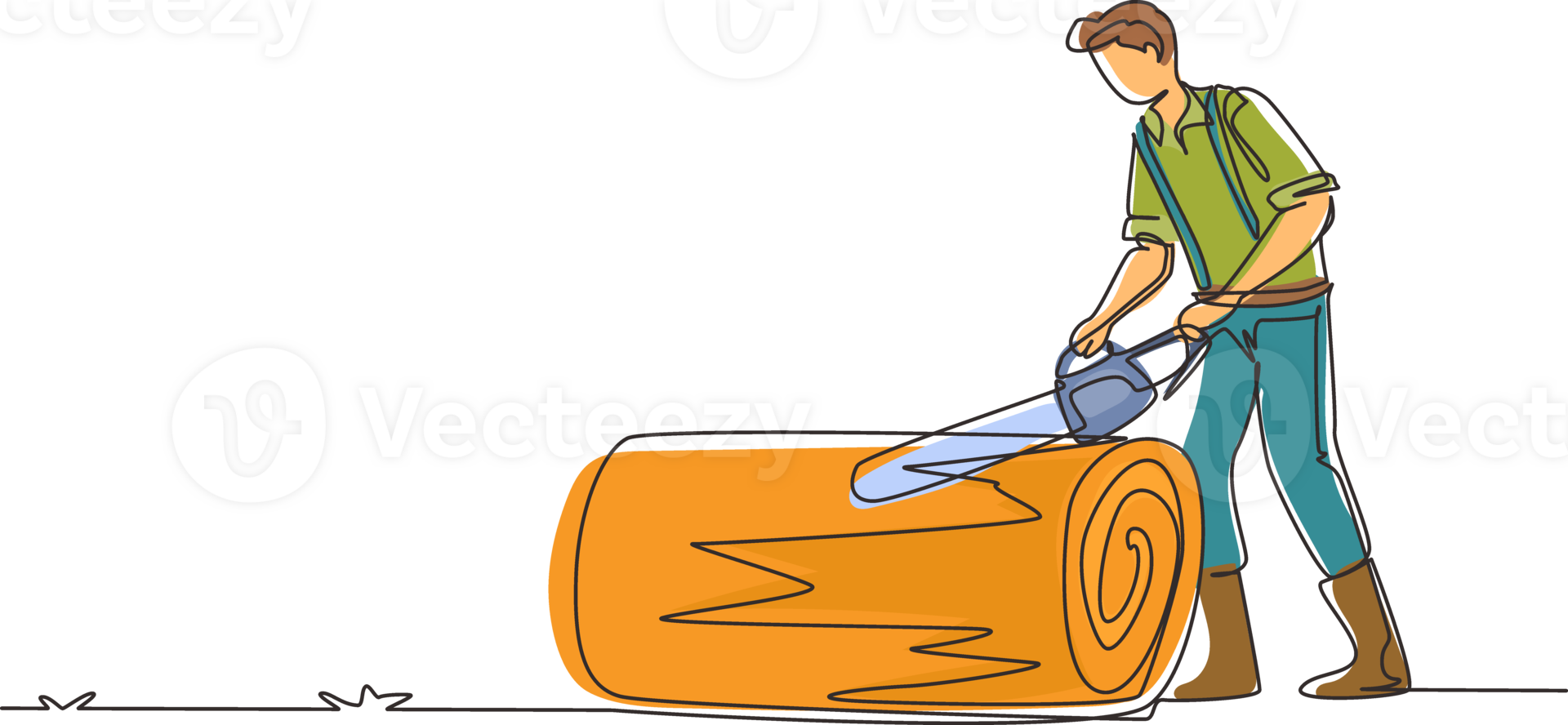 Single one line drawing wood industry worker with chainsaw working. Man logger sawing log in forest. Lumberjack cut timberwood, woodcutter occupation. Continuous line draw design illustration png
