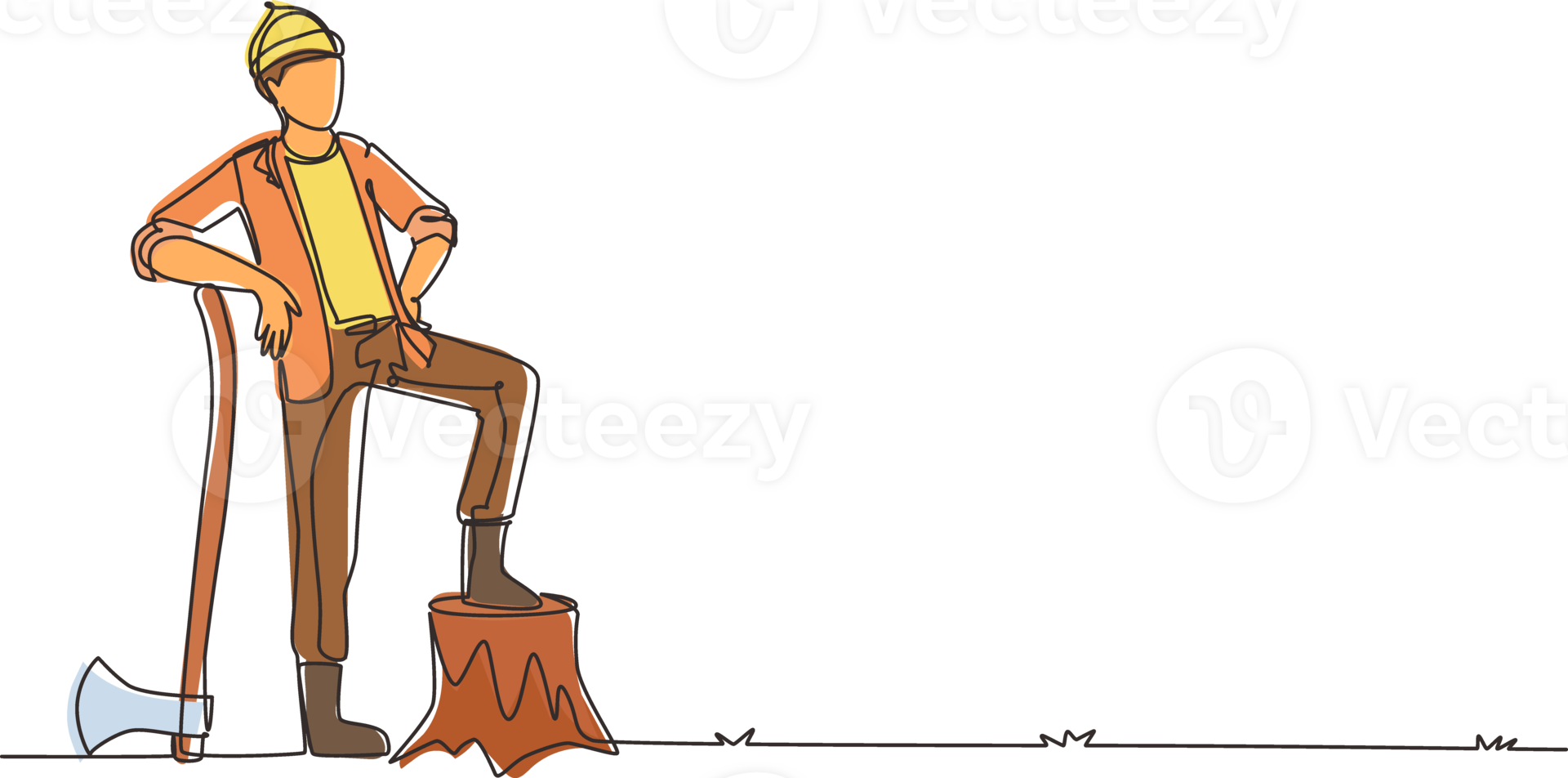 Single continuous line drawing smiling lumberjack wearing workwear and beanie hat, standing with axe and posing with one foot on a tree stump. Dynamic one line draw graphic design illustration png