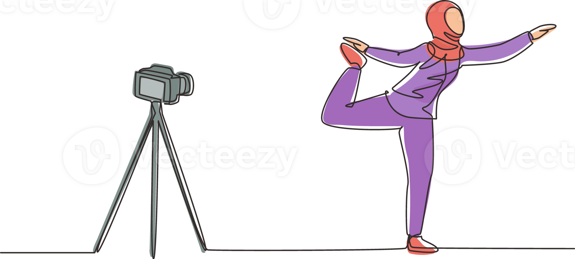 Single continuous line drawing Arab woman blogger in hijab sportswear shoots video on camera doing exercises at home. Fitness vlogger live broadcast of training session. One line draw design png