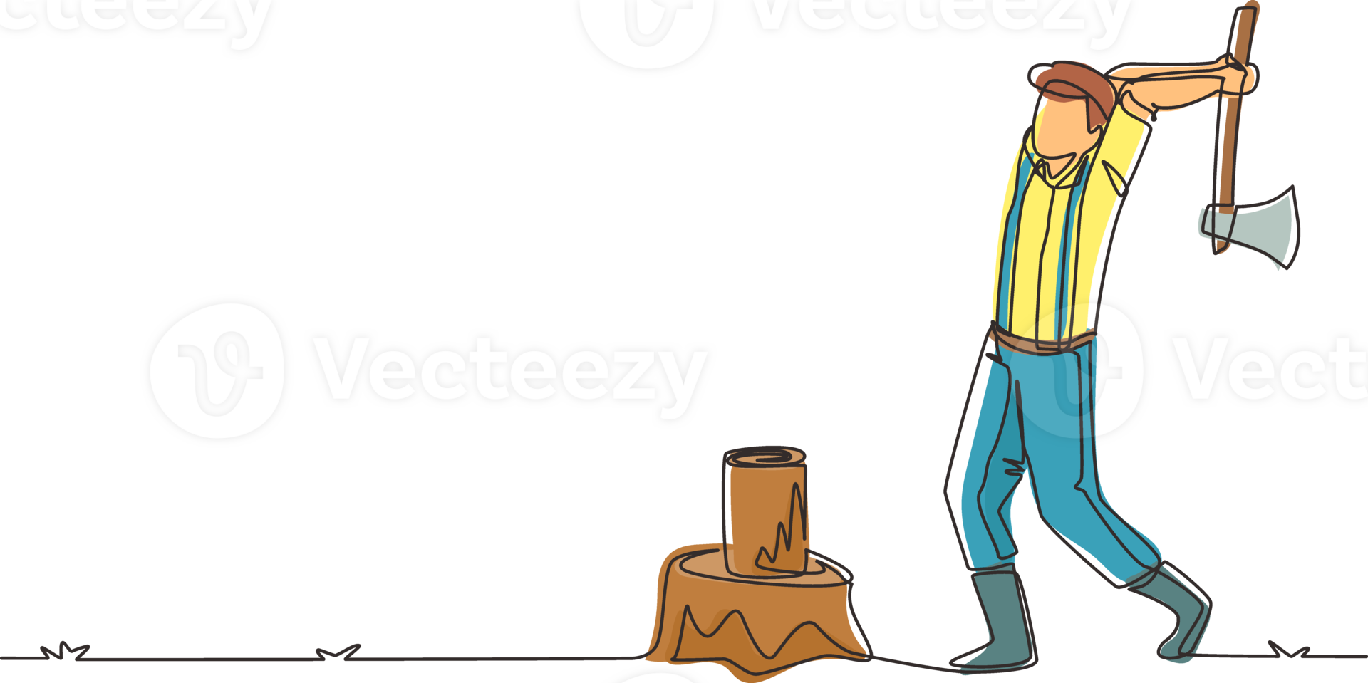 Continuous one line drawing woodcutter or lumberjack chopping wood with axe. Wearing shirt, jeans and boots. Man with ax in his hands cuts tree. Single line draw design graphic illustration png