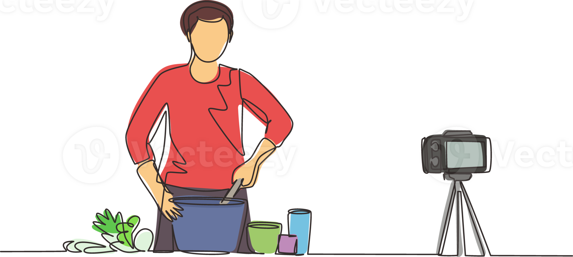 Continuous one line drawing vegan man. Vegetarian food blogger, guy stir and cook vegetable salad. Online culinary school tutorials, foods preparation vlog. Single line draw design illustration png