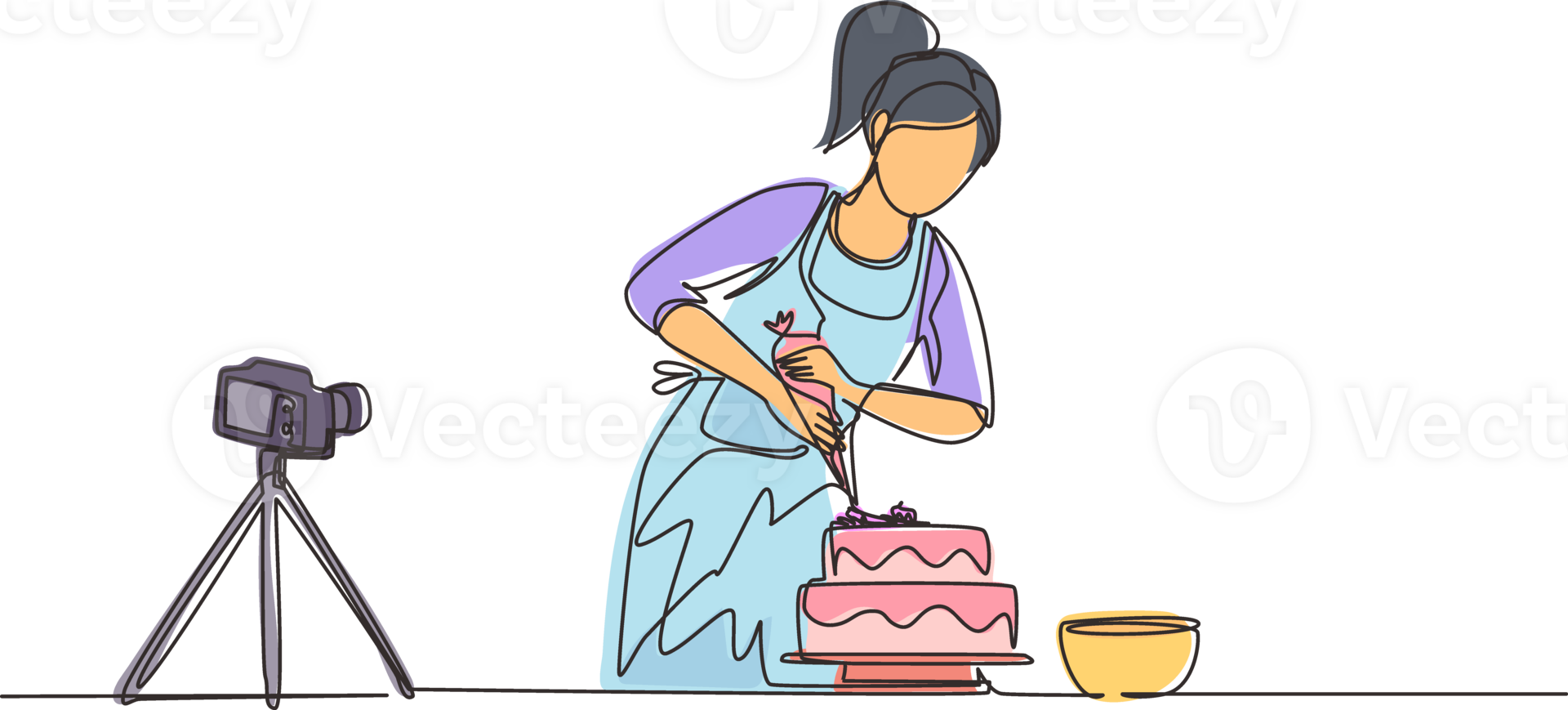 Single continuous line drawing girl baking and decorating cake at kitchen. Woman blogger recording video on camera, using tripod, posting it on social media. One line draw design illustration png