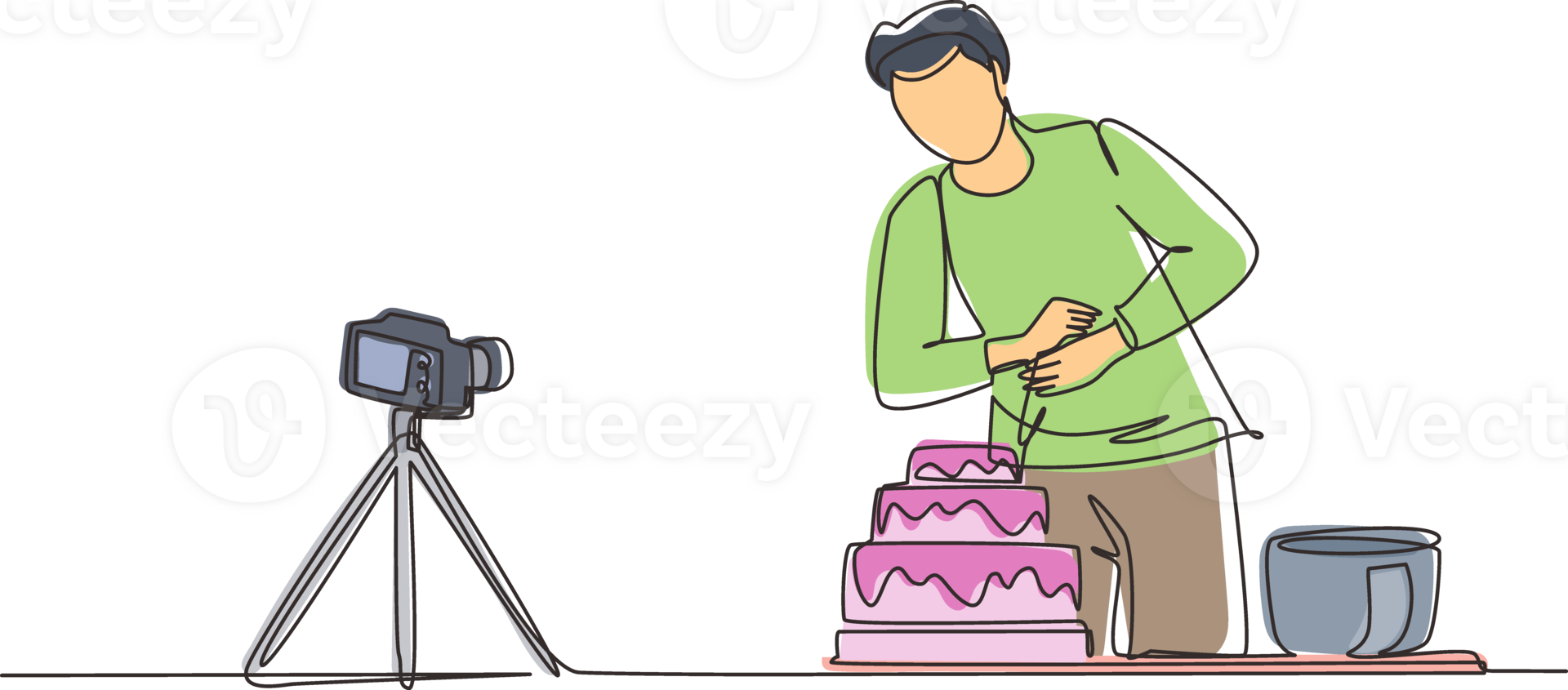 Single continuous line drawing influencer or food blogger creating content. Man shooting cooking video using camera on tripod. Chef baking and decorating cake at kitchen. One line draw design png