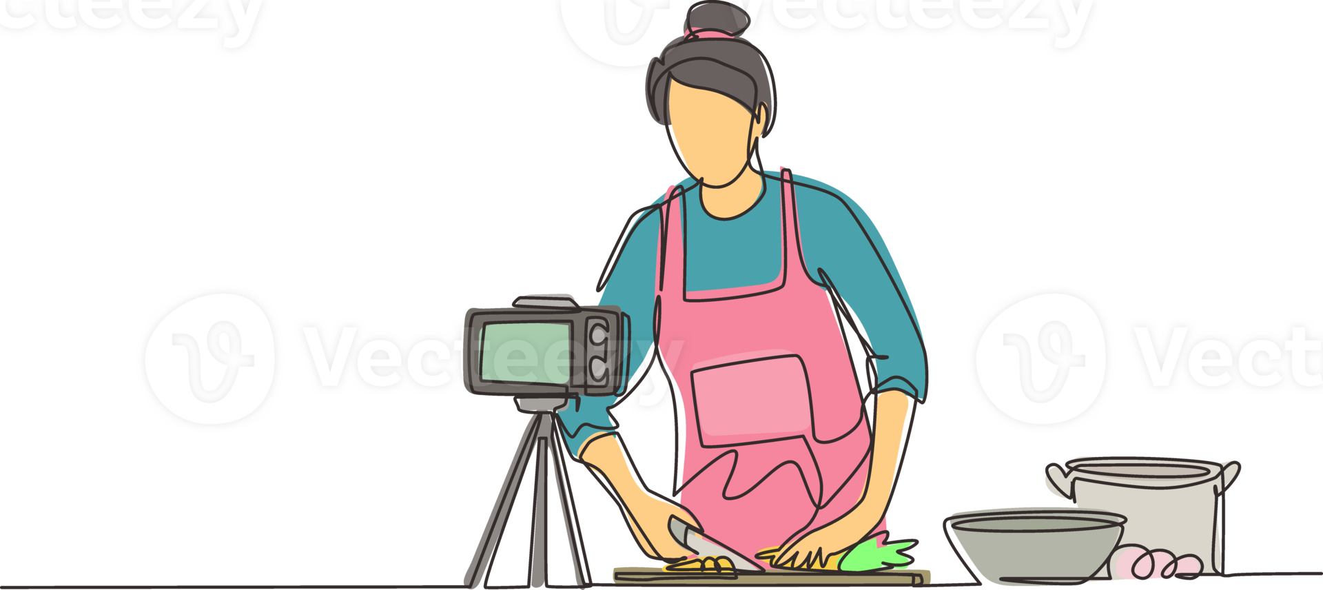 Single continuous line drawing food blogger. Chef cooking, recording video using camera. Online channel, stream. Woman teaches cooking new recipe. Culinary show. One line draw graphic design png