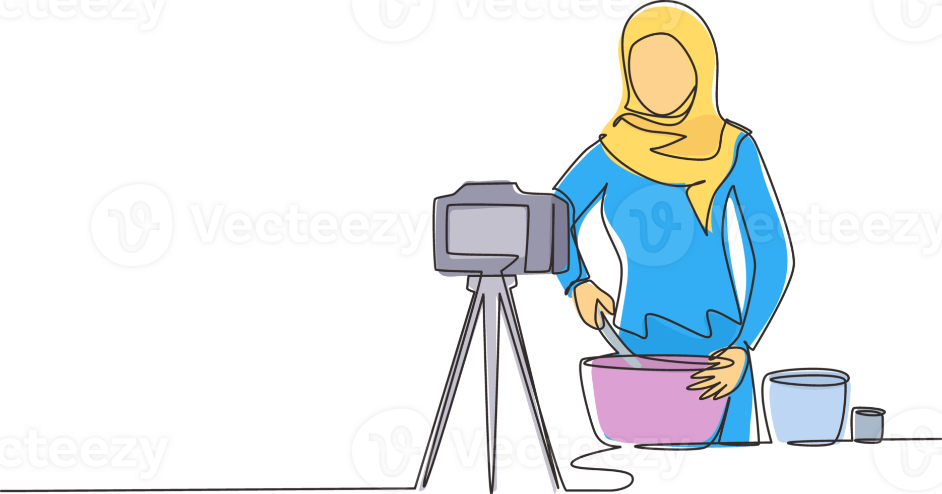 Continuous one line drawing Arabian woman preparing dessert at kitchen, stirring dough with spatula. Cooking live streaming. Blogger prepares meal online. Single line draw design illustration png