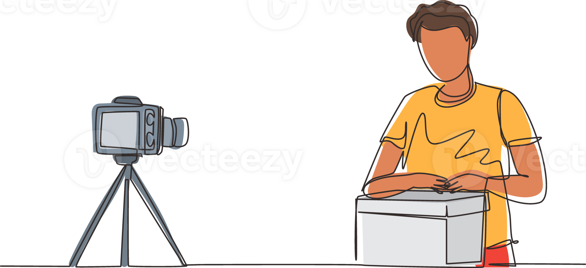 Single continuous line drawing male vlogger unbox and review product live on youtube in studio. Social media influencer recording unboxing video at home. One line draw design illustration png