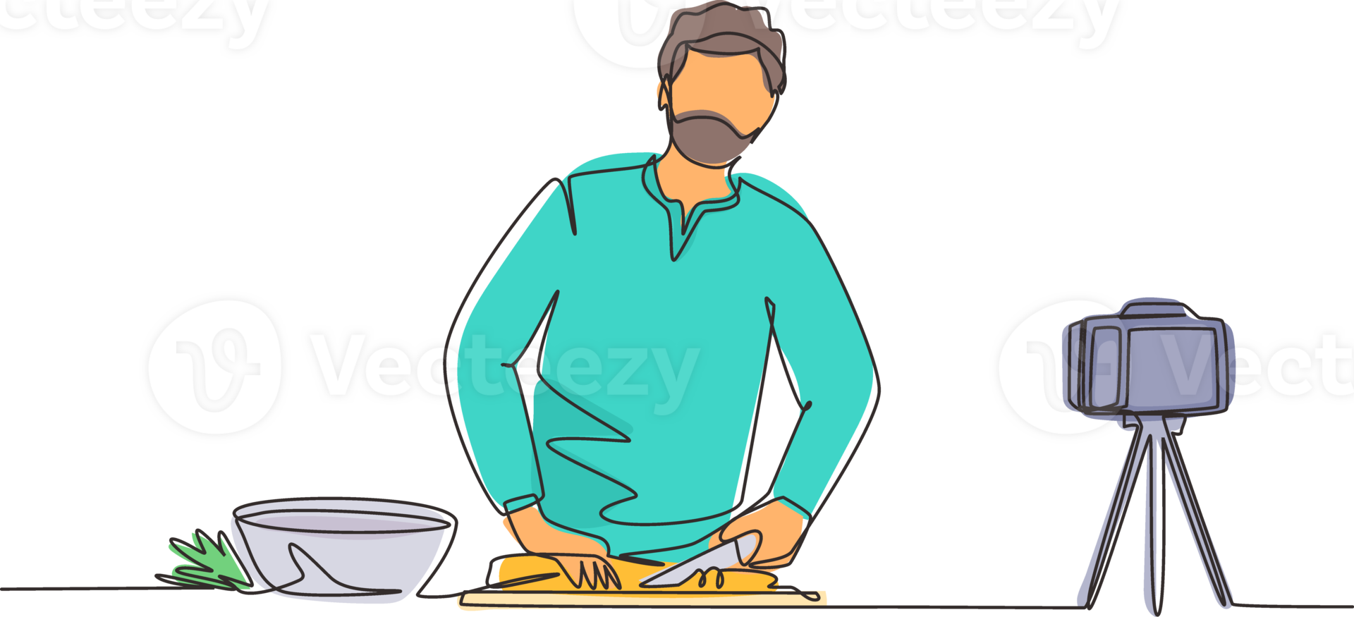 Continuous one line drawing Arabian chef standing in kitchen and cutting onion while filming himself for blog. On kitchen counter are vegetables and spices. Single line draw design illustration png