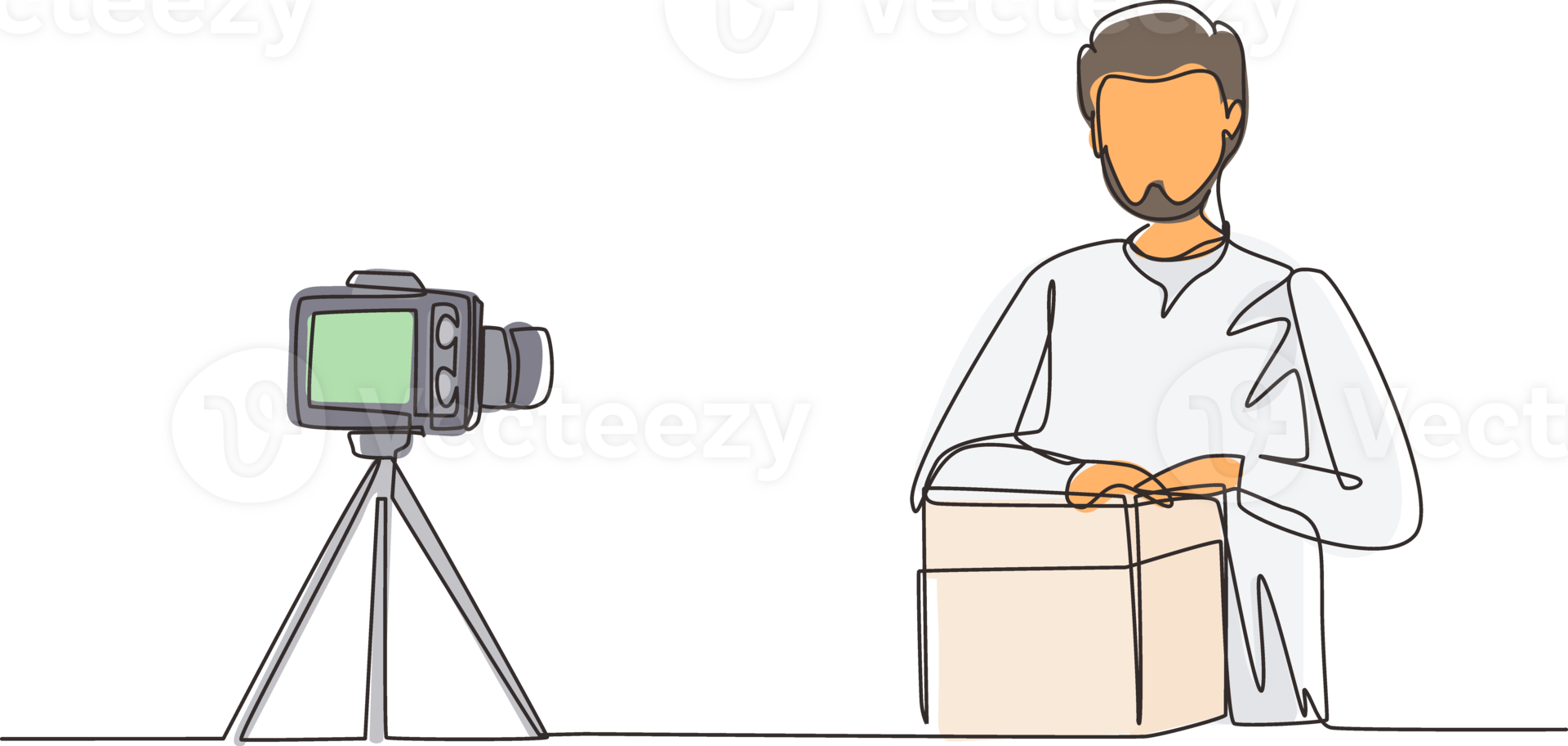 Single one line drawing Arab male vlogger unboxing, review product live on youtube in studio. Social media influencer recording unboxing video at home. Continuous line draw design illustration png
