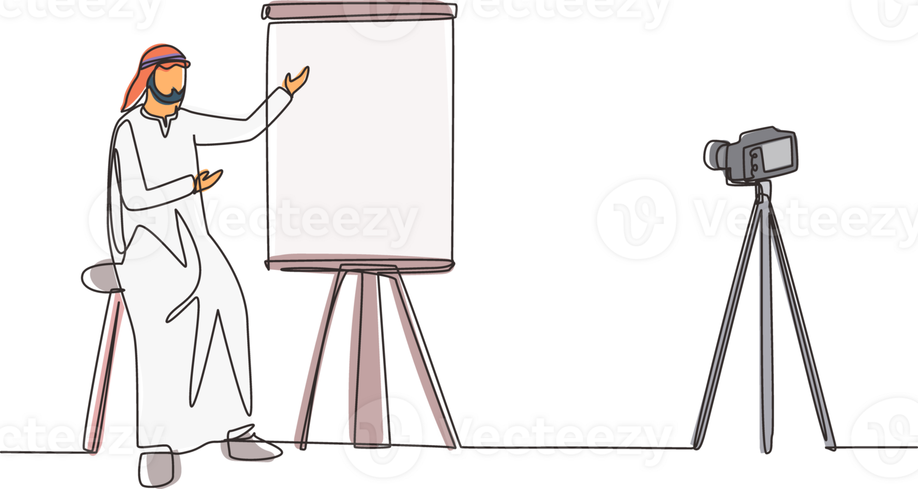Single one line drawing Arab businessman blog doing presentation. Marketer, financial advisor, business coach, trainer. Entrepreneur streaming webinar continuous line draw design illustration png