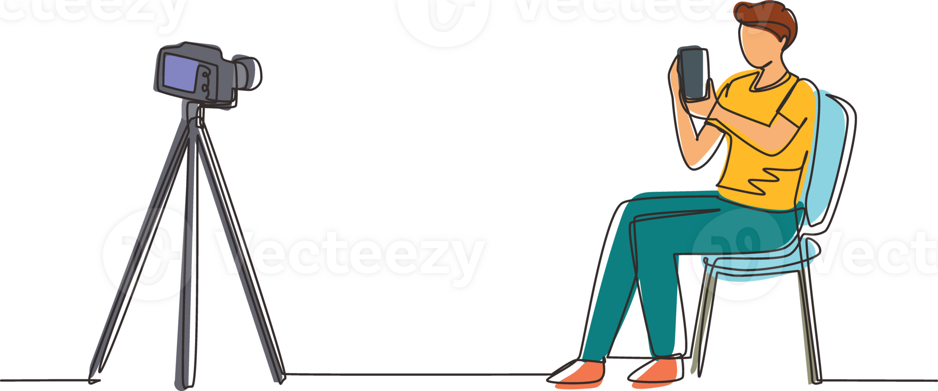 Single one line drawing blogger review and test new smartphone on dslr camera. Live broadcast on channel. Man holding mobile phone for review product. Continuous line draw design illustration png
