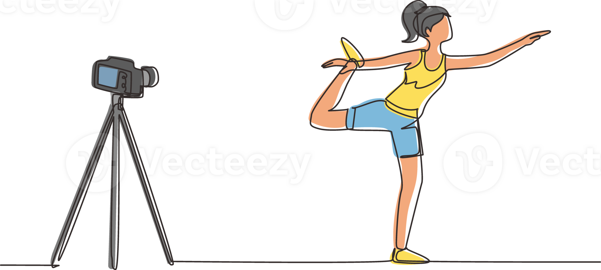 Continuous one line drawing woman blogger in sportswear shoots video on camera doing exercises at home. Fitness vlogger live broadcast of training session. Single line draw design illustration png
