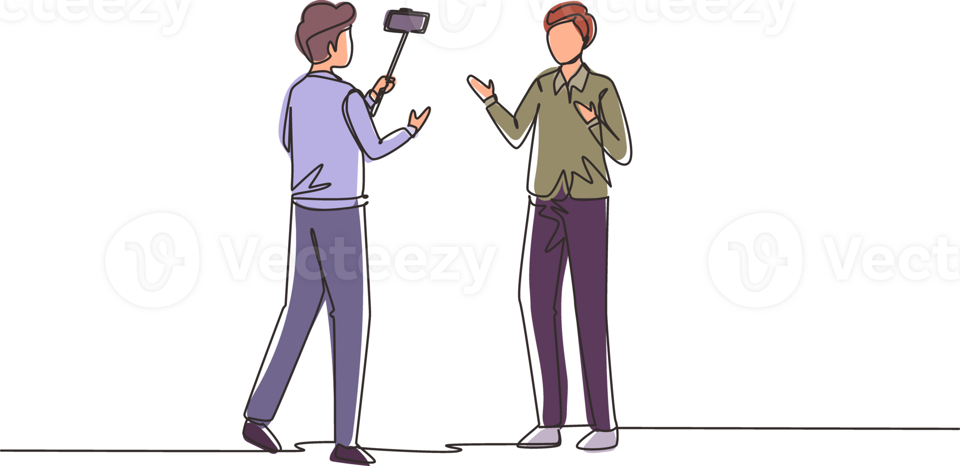 Single continuous line drawing presenter filming video blog with an operator on the street. Man bloggers, journalists filming with professional smartphone and videographer. One line draw design png