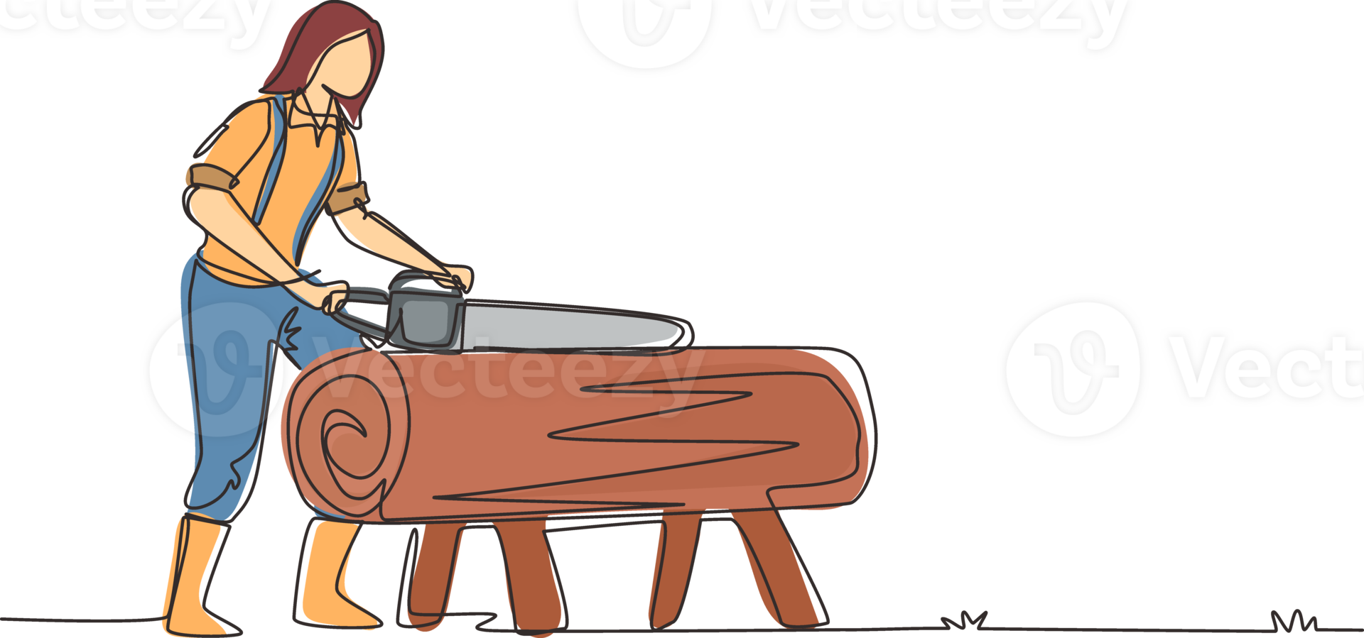 Single continuous line drawing sawmill concept. Professional woman lumberjack cutting tree by chainsaw for further processing. Global deforestation. One line draw design graphic illustration png